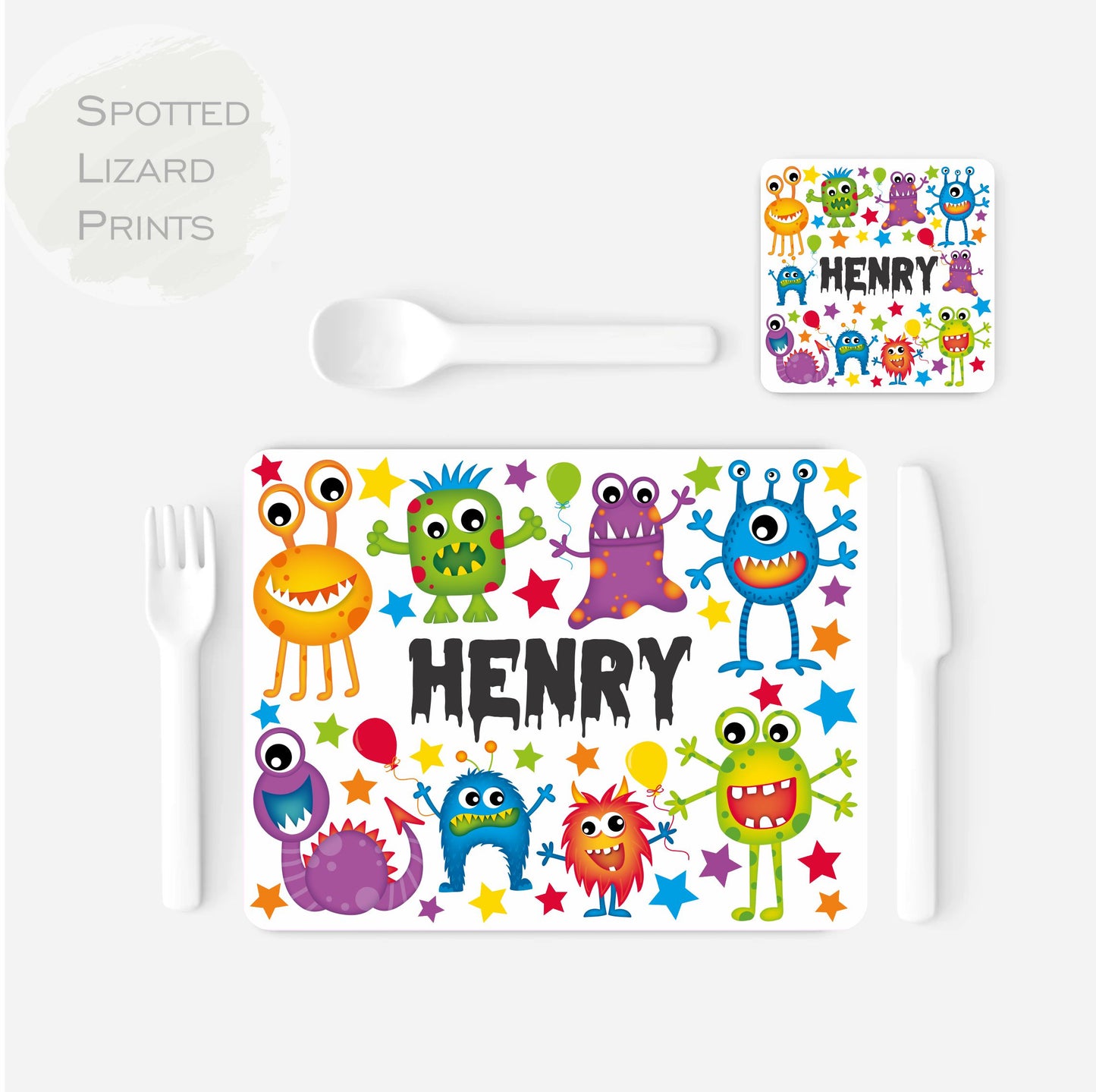 Personalised Monster Placemat and Coaster Set, Kid's Dinner Set, Monster gift, Children's Birthday Gift, Monster Placemat