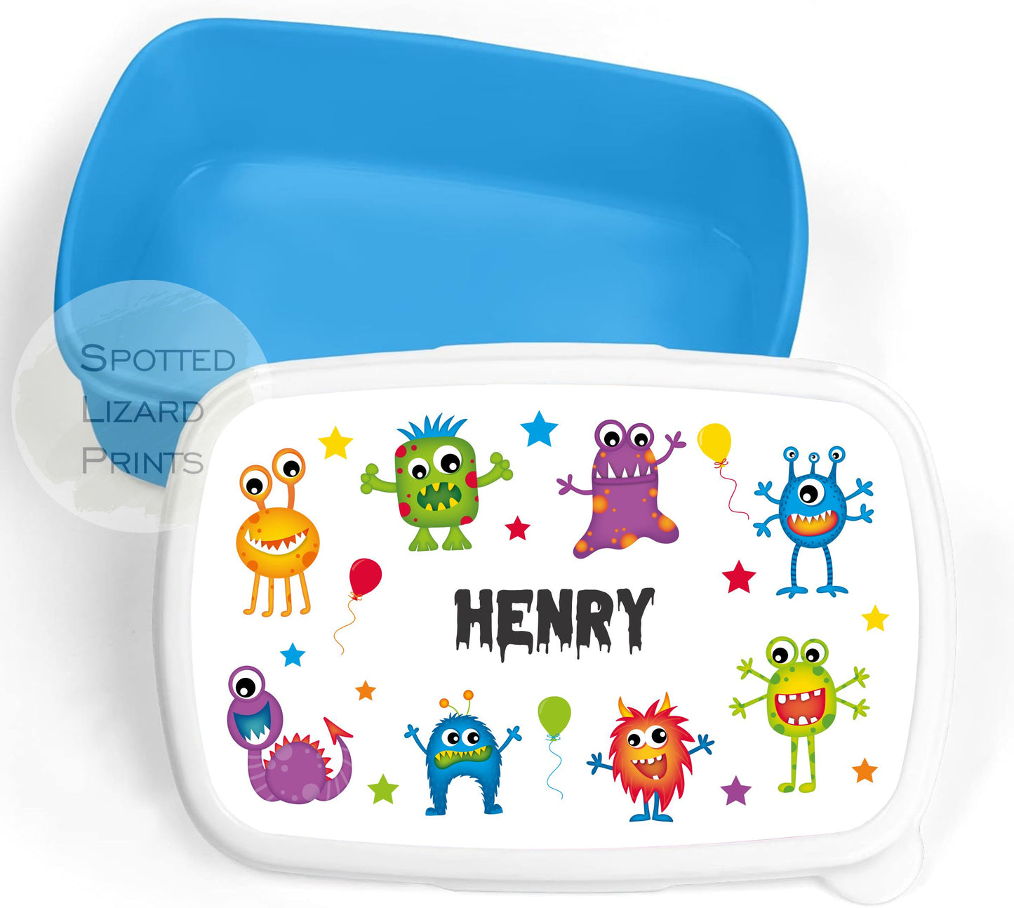 Blue Boys Lunch Box. Monsters. Personalised with a name.