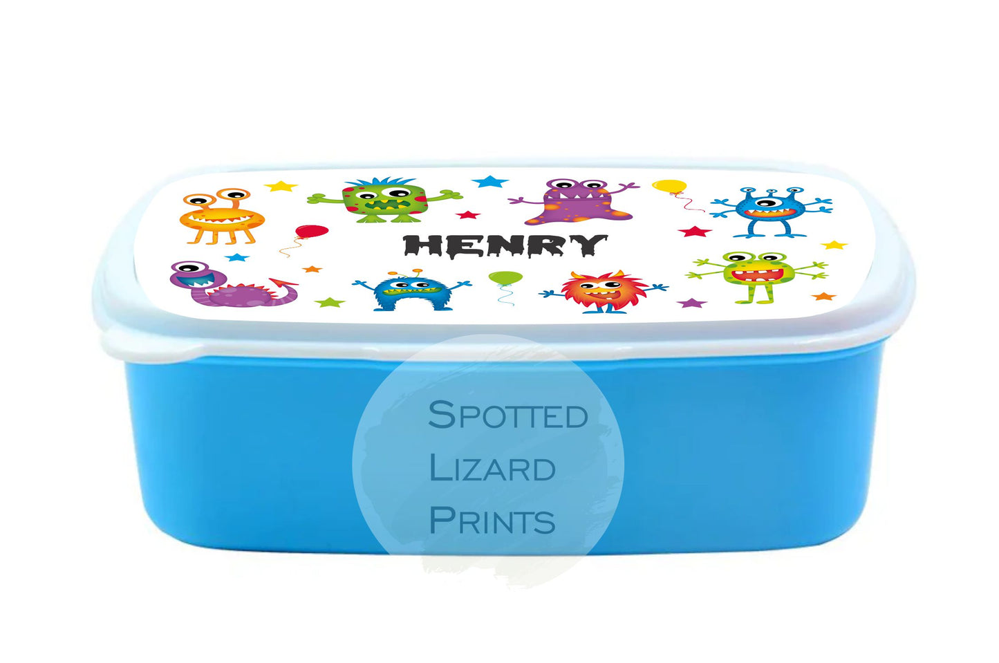 Blue Boys Lunch Box. Monsters. Personalised with a name.