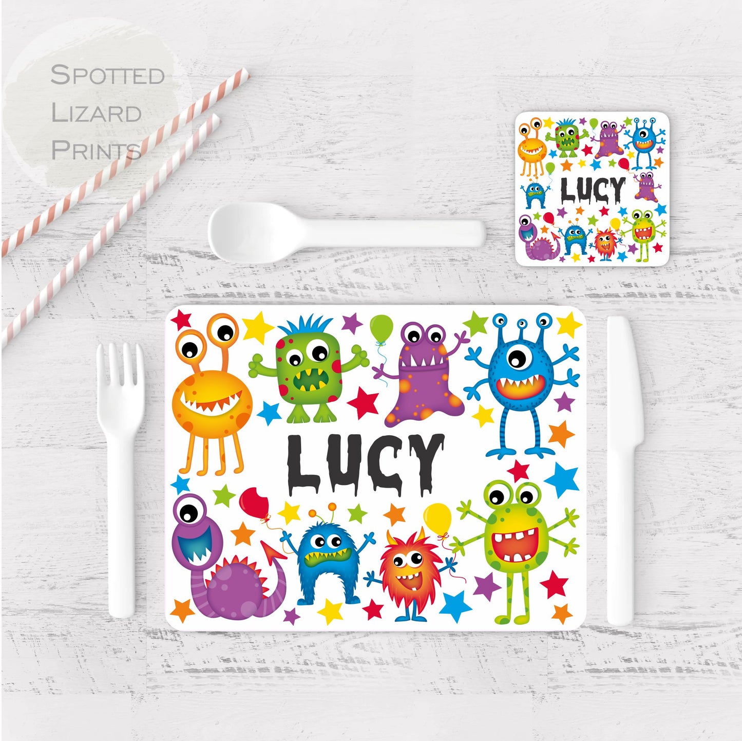 Personalised Monster Placemat and Coaster Set, Kid's Dinner Set, Monster gift, Children's Birthday Gift, Monster Placemat