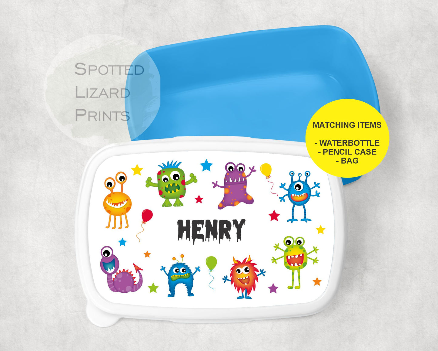 Blue Boys Lunch Box. Monsters. Personalised with a name.