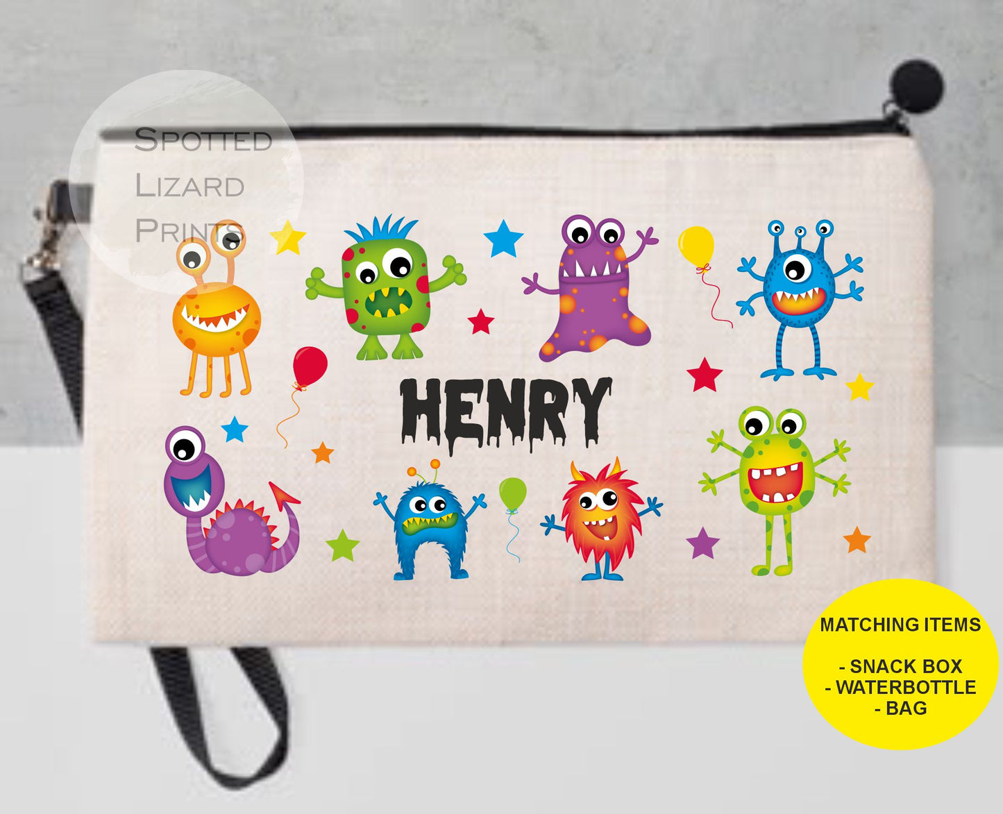 Pencil case. Monsters. Personalised with a name.