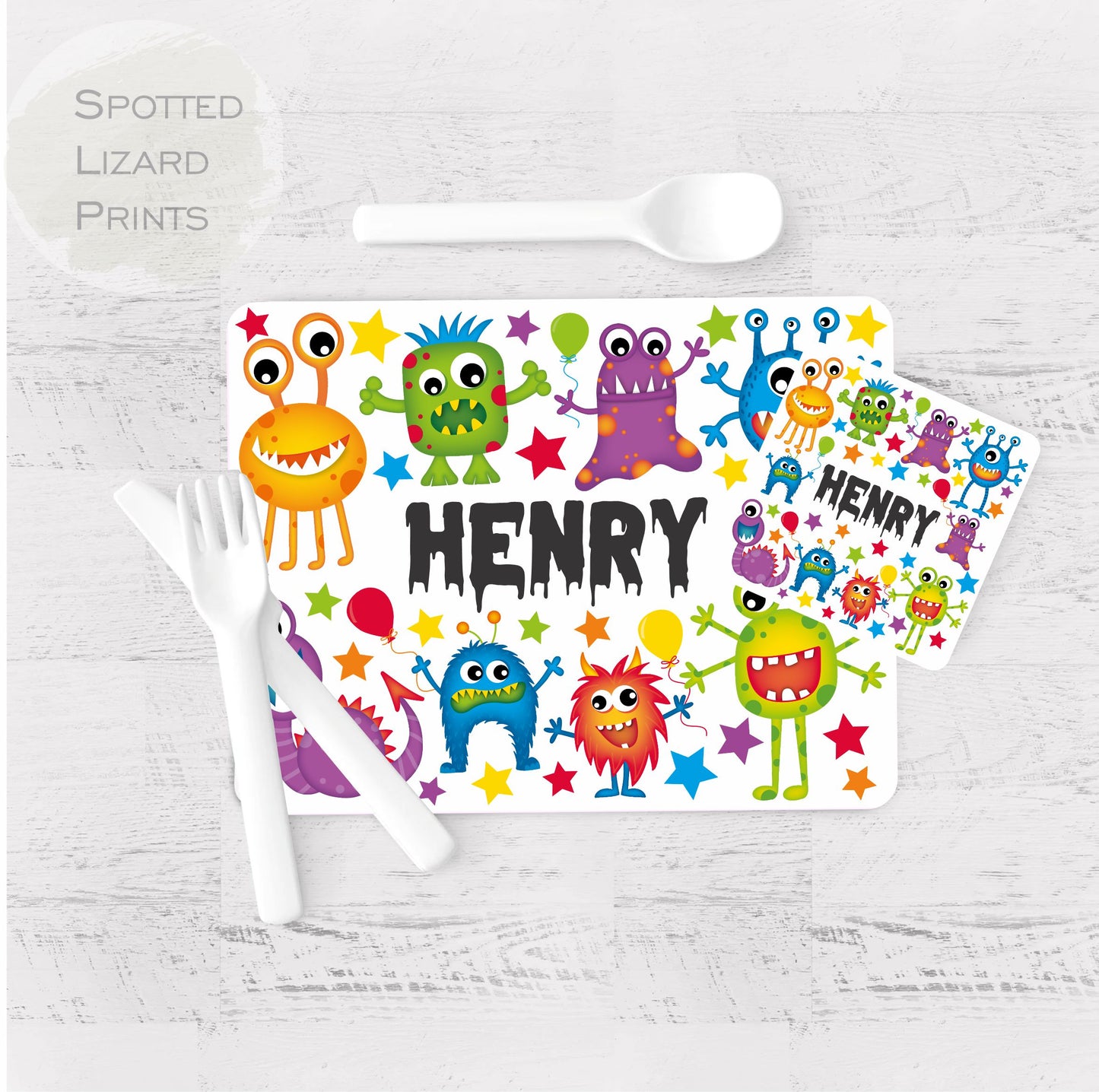 Personalised Monster Placemat and Coaster Set, Kid's Dinner Set, Monster gift, Children's Birthday Gift, Monster Placemat