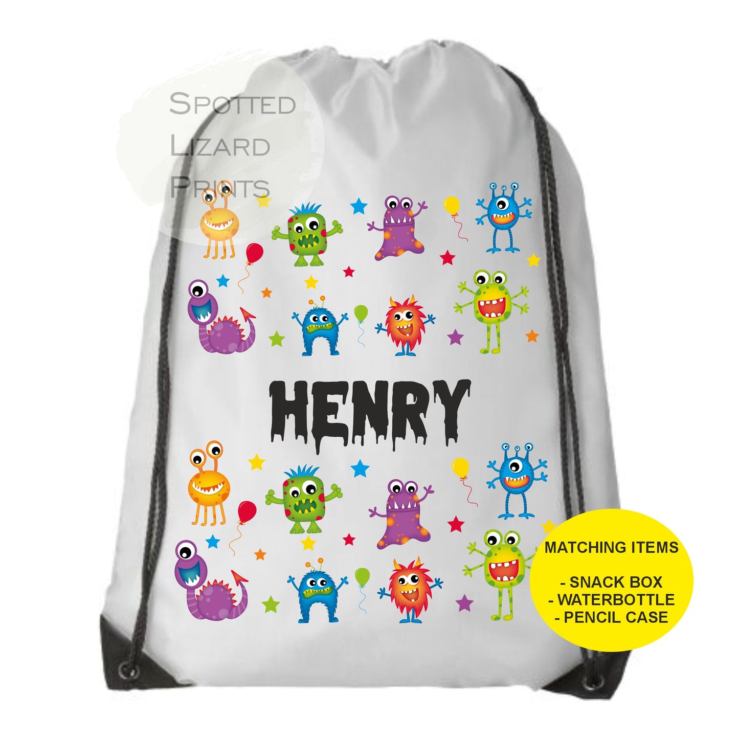White drawstring Bag. Monsters. Personalised with a name.