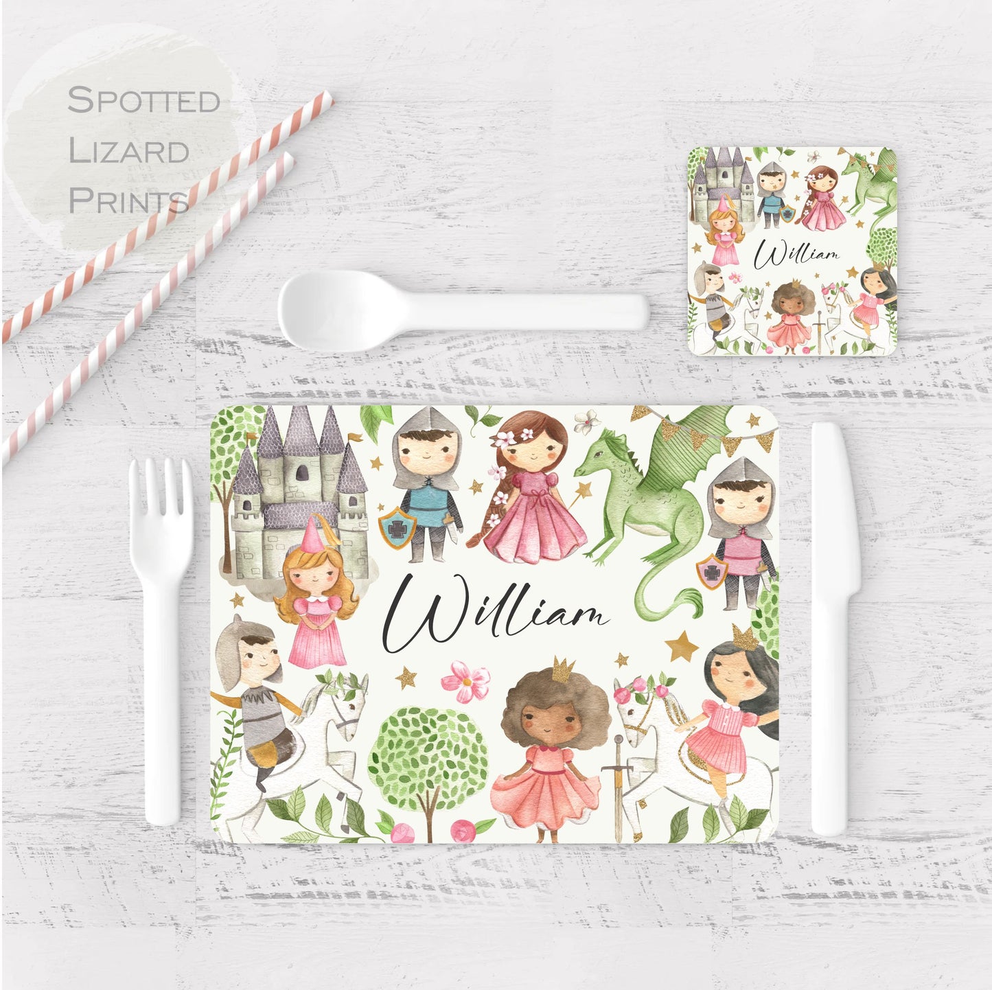 Children's placemat set. Personalised with a name. Once upon a time theme.