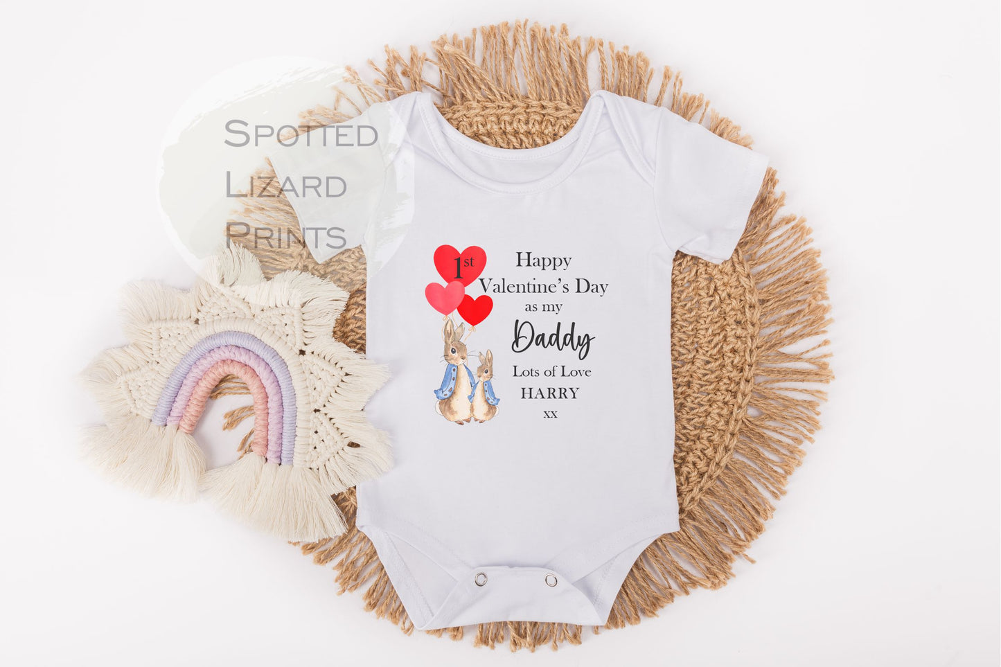 My first valentines day as Daddy. Personalised Baby Vest. White. 65% cotton and 35% polyester.
