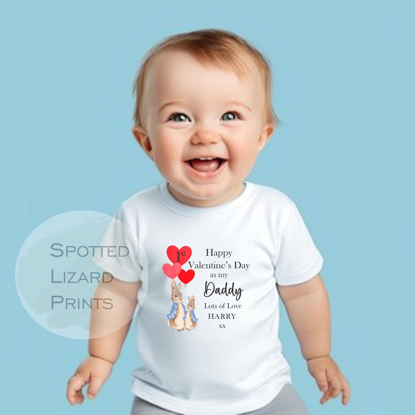 My first valentines day as Daddy. Personalised Baby T-Shirt. White. 65% cotton and 35% polyester.