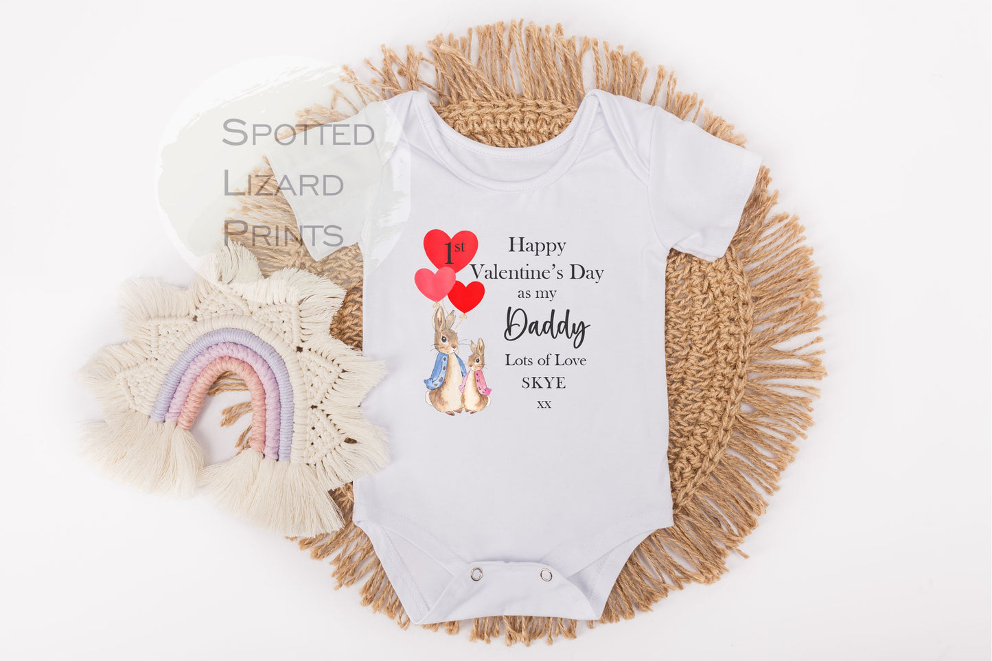 My first valentines day as Daddy. Personalised Baby Vest. White. 65% cotton and 35% polyester.