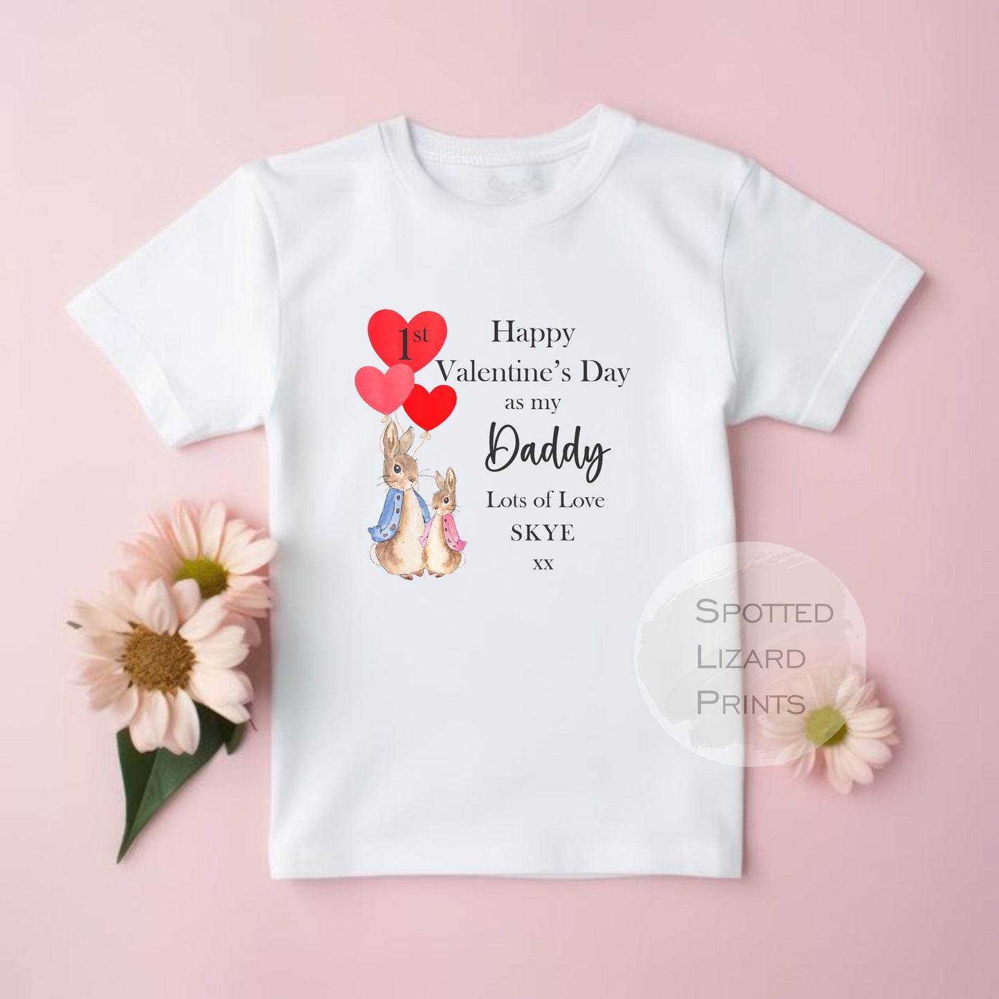 My first valentines day as Daddy. Personalised Baby T-Shirt. White. 65% cotton and 35% polyester.