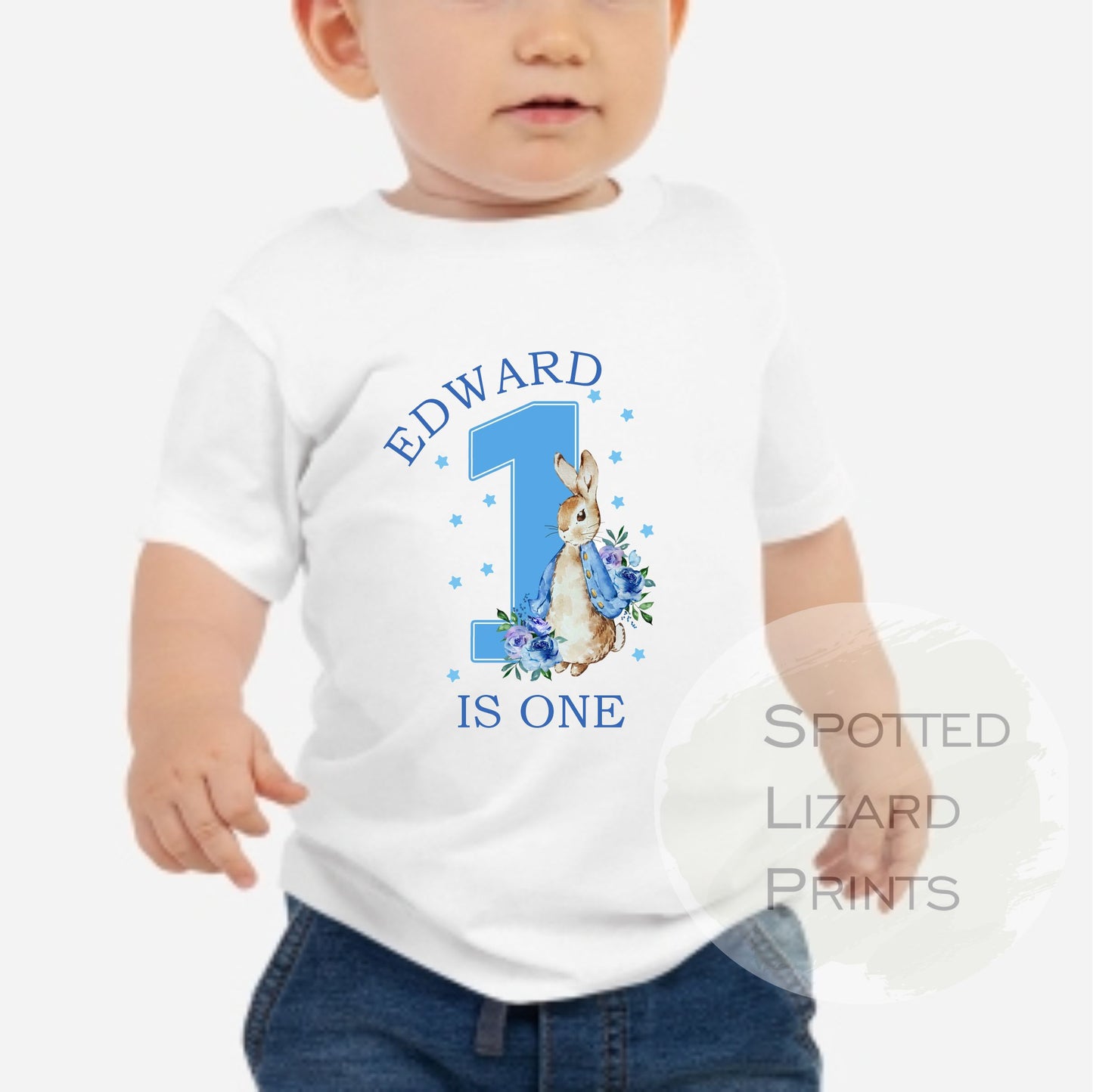 Personalised Peter Rabbit 1st Birthday T-shirt Little Boy Blue - One Today