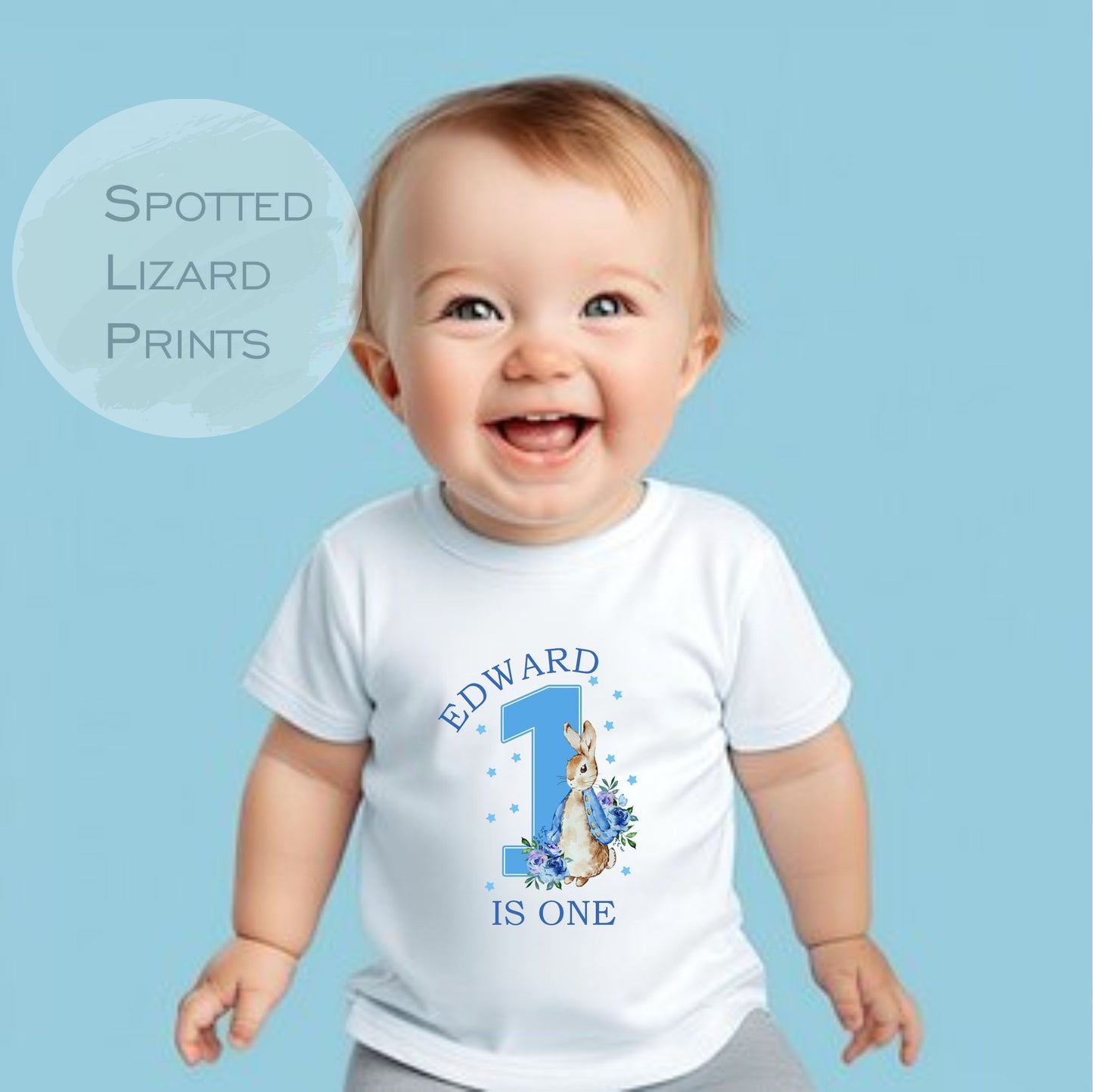 Personalised Peter Rabbit 1st Birthday T-shirt Little Boy Blue - One Today