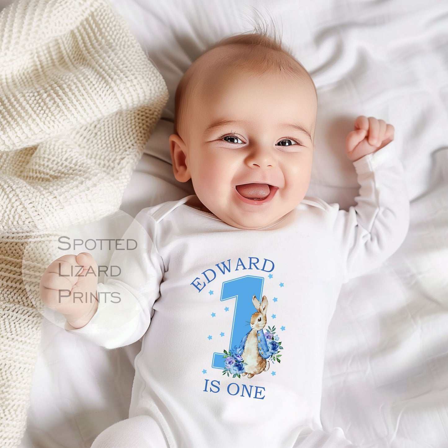 Personalised Peter Rabbit 1st Birthday T-shirt Little Boy Blue - One Today