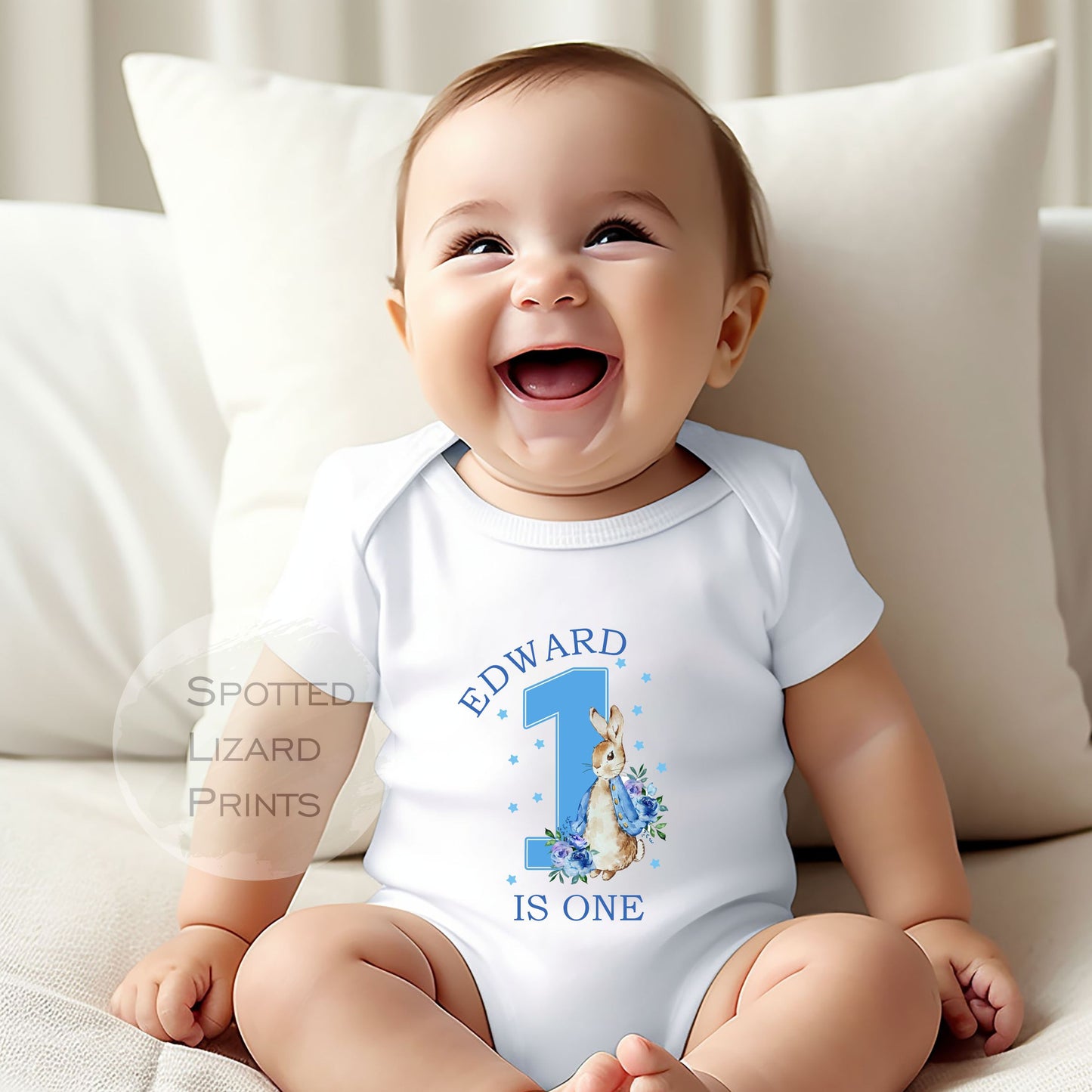 Personalised Peter Rabbit 1st Birthday T-shirt Little Boy Blue - One Today