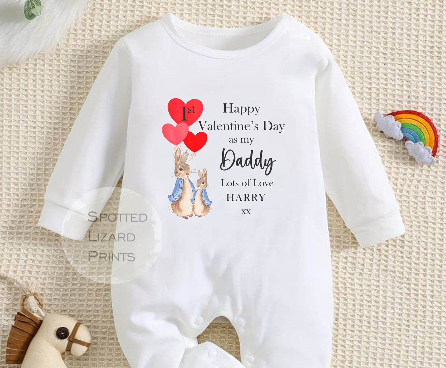 My first valentines day as Daddy. Personalised Baby Sleepsuit. White. 65% cotton and 35% polyester.