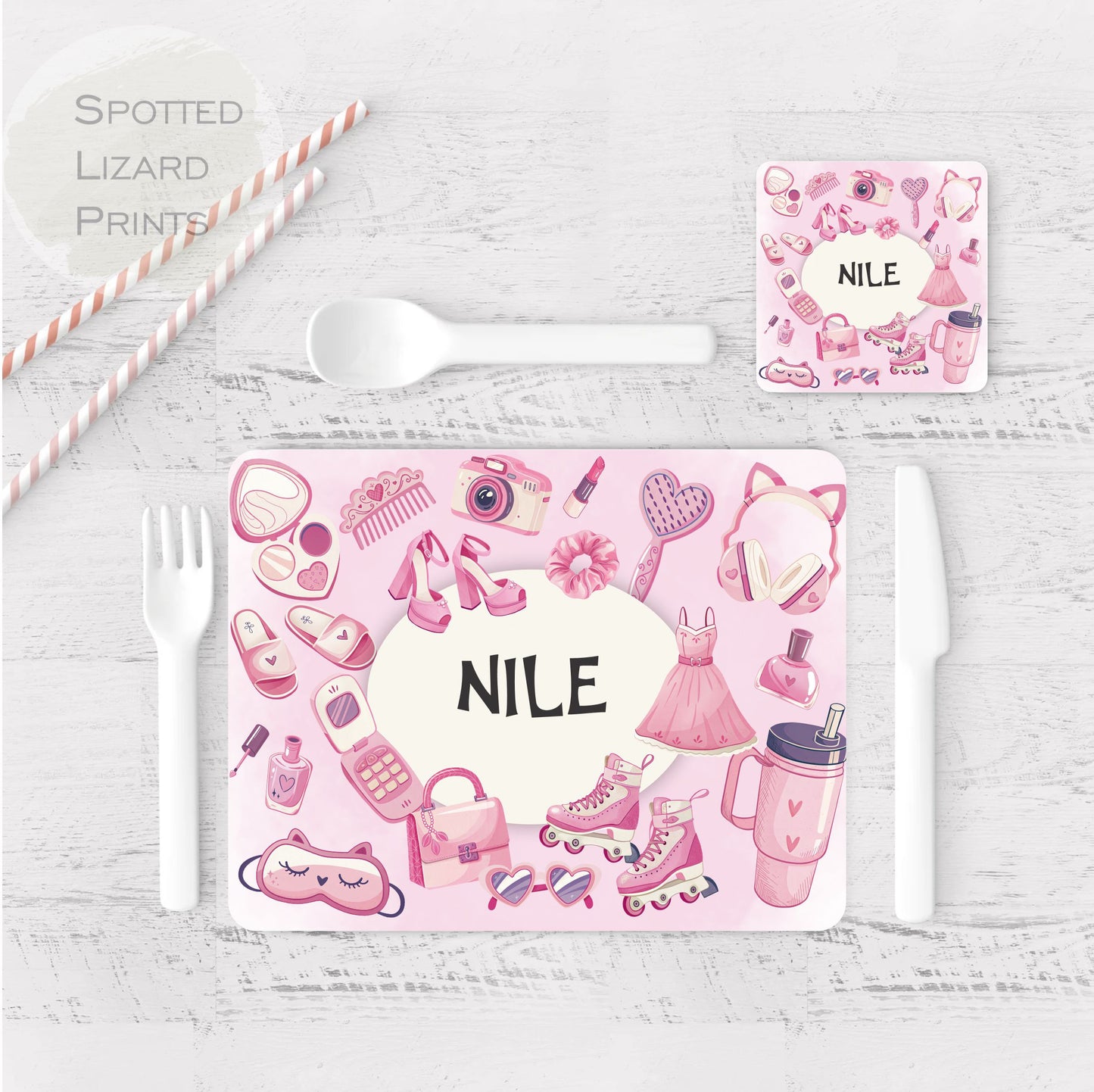 Personalised Girls pamper party themed placemat and coaster