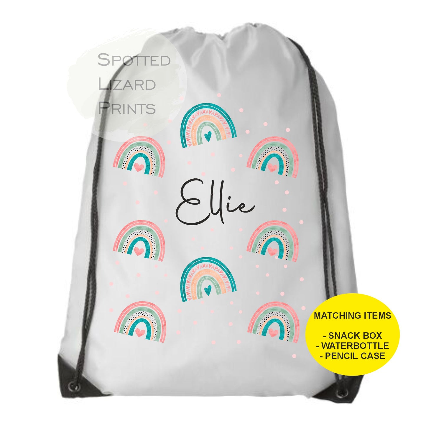 White Drawstring Bag. Rainbow themed. Personalised with a name.