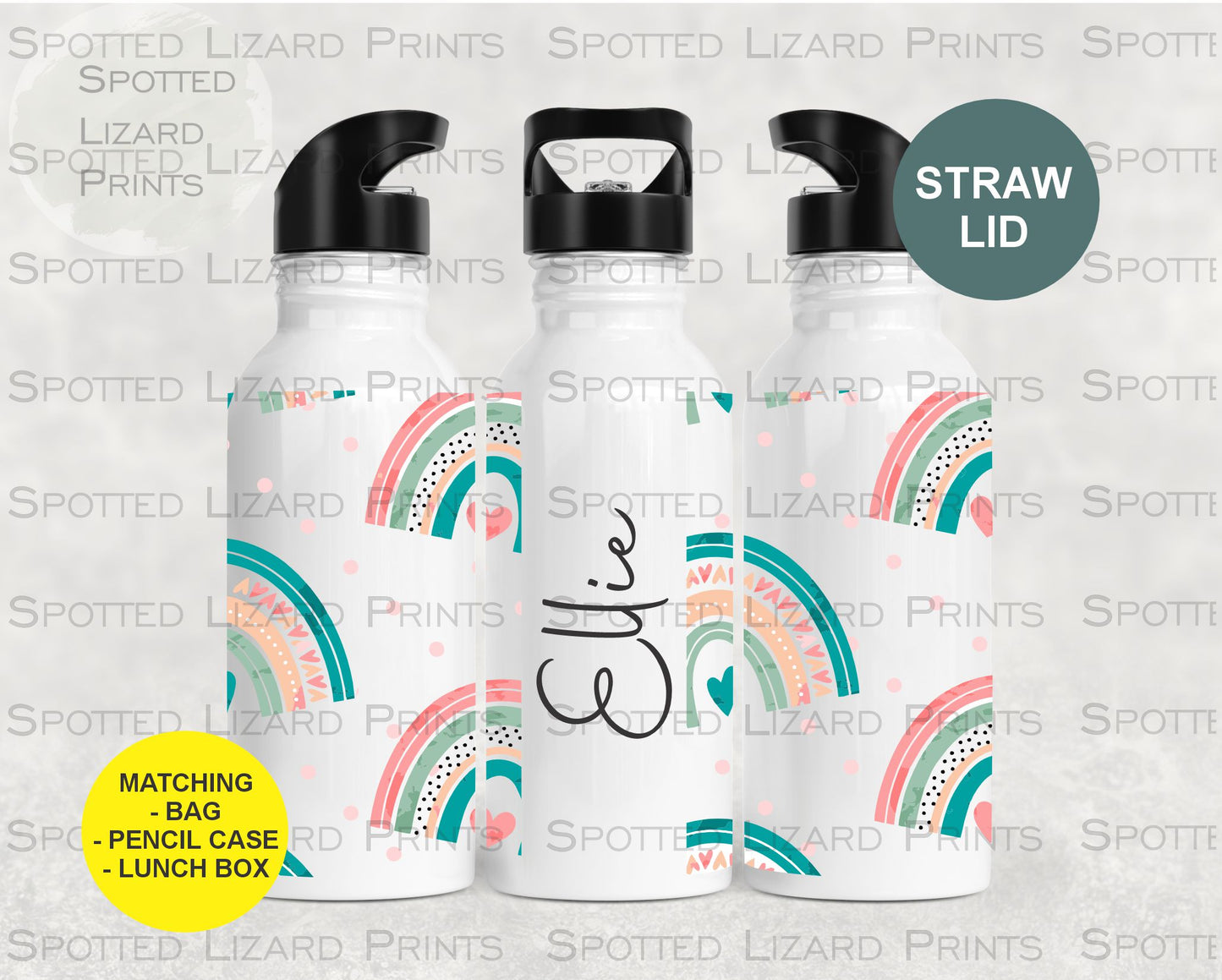 White aluminium water bottle. Rainbow themed. Personalised with a name.