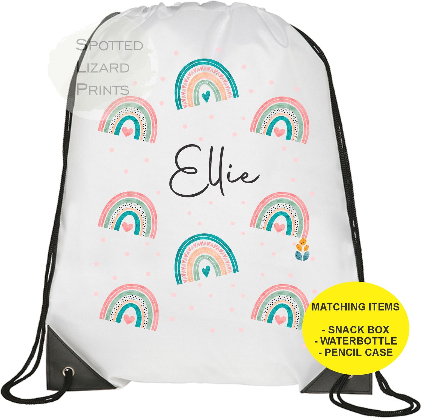 White Drawstring Bag. Rainbow themed. Personalised with a name.