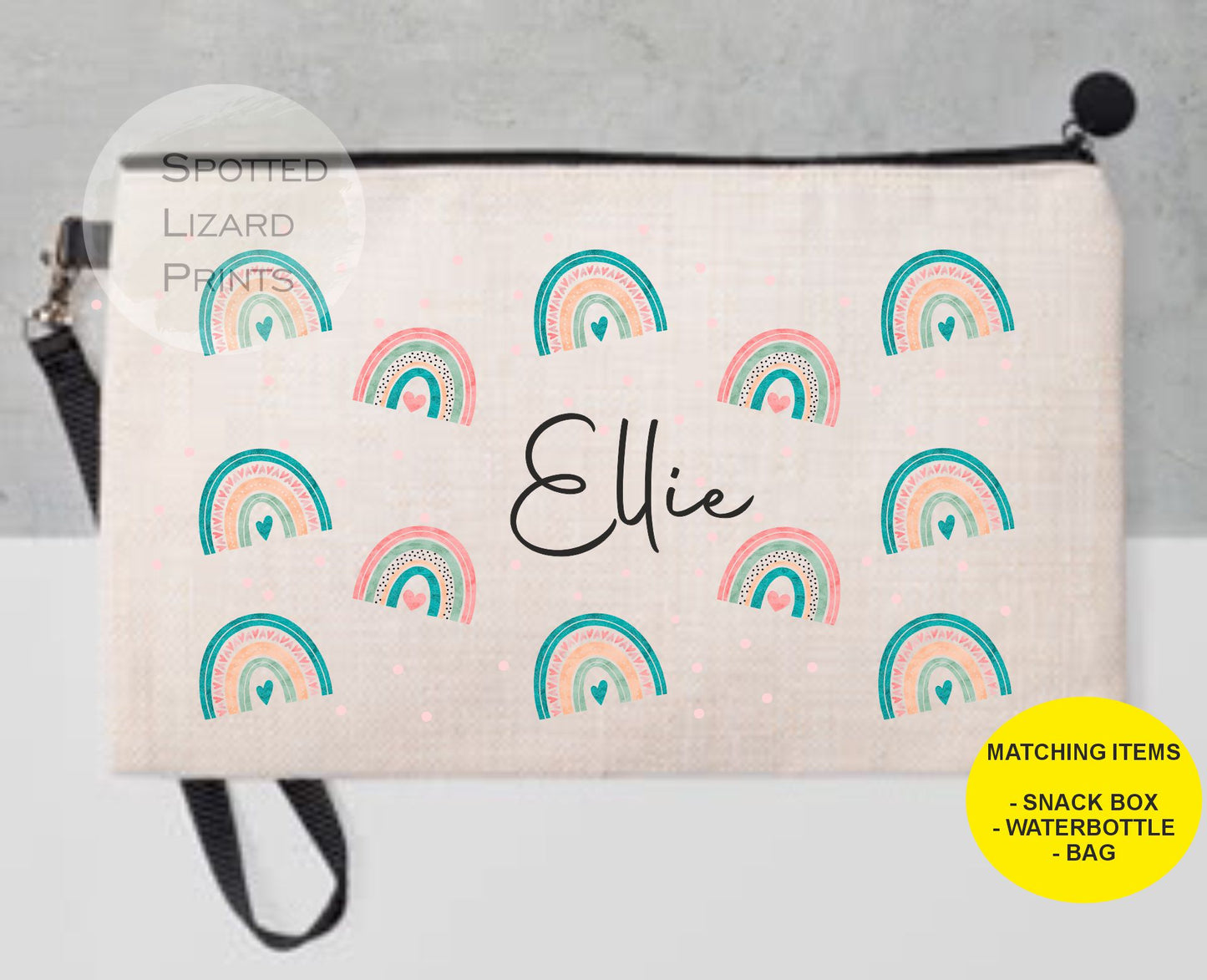 Pencil case. Rainbow themed. Personalised with a name.