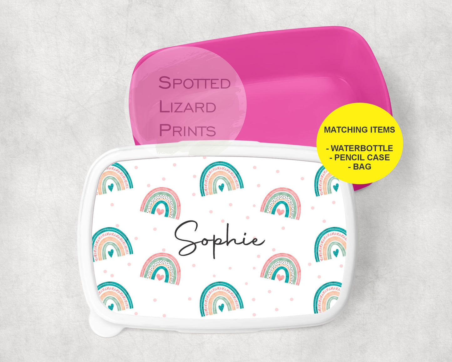 Pink Girls lunch Box. Rainbow themed. Personalised with a name.