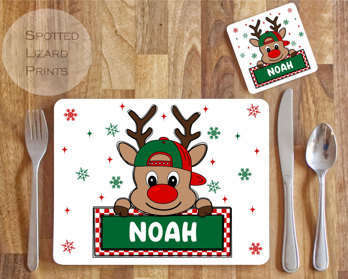 Personalised Christmas Placemat. Rudolph. Personalised with a name.