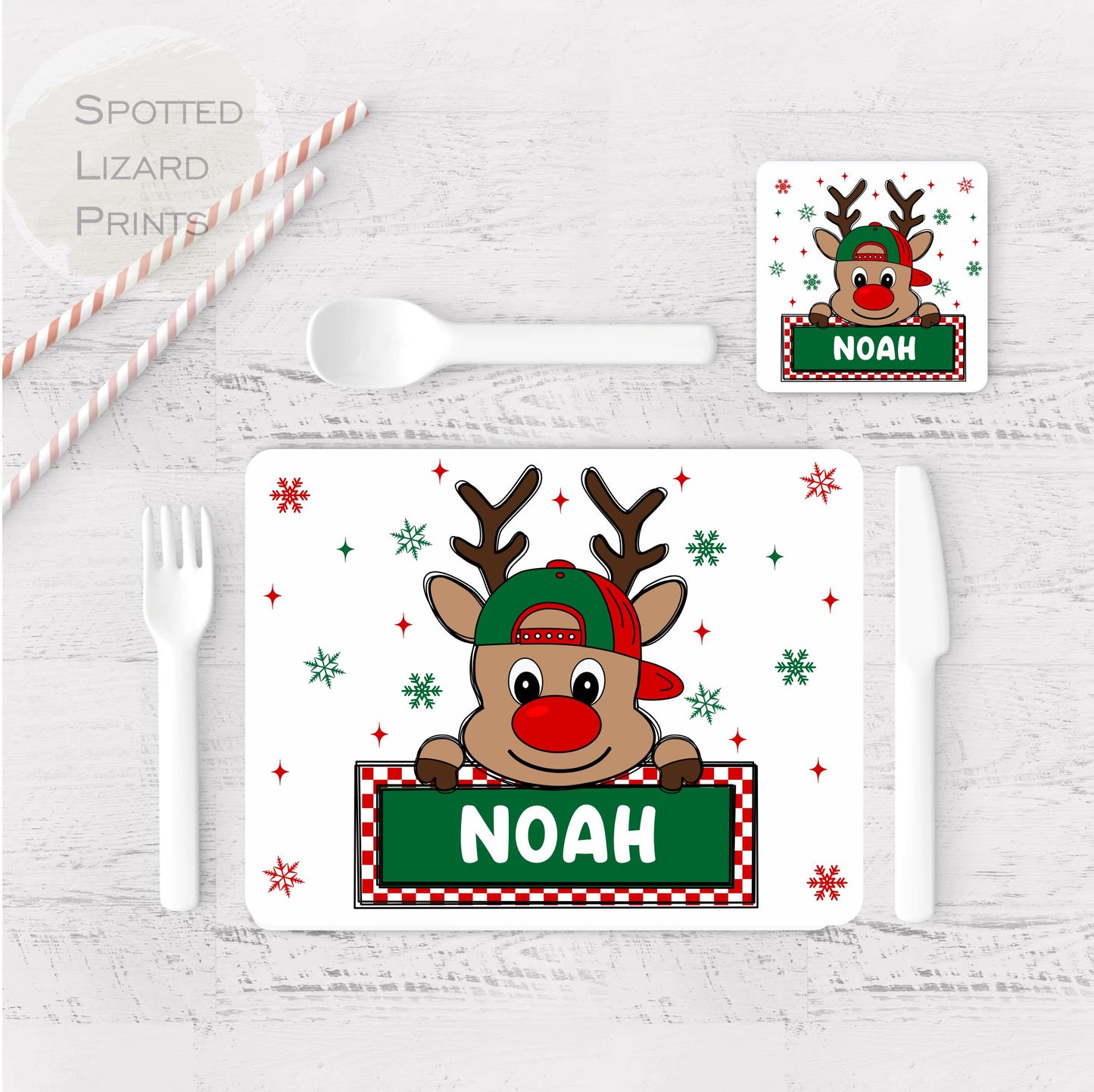 Personalised Christmas Placemat. Rudolph. Personalised with a name.