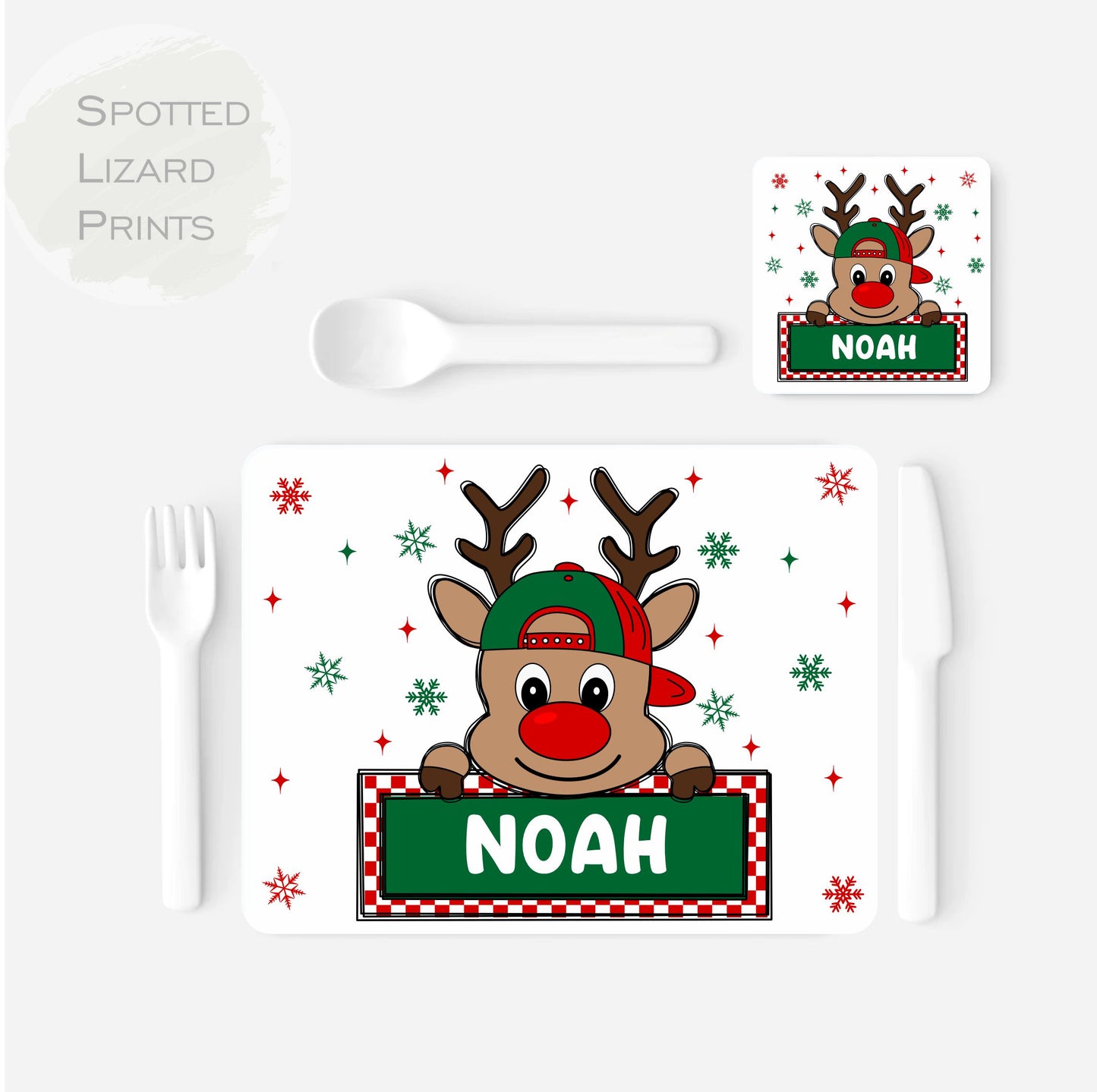 Personalised Christmas Placemat. Rudolph. Personalised with a name.