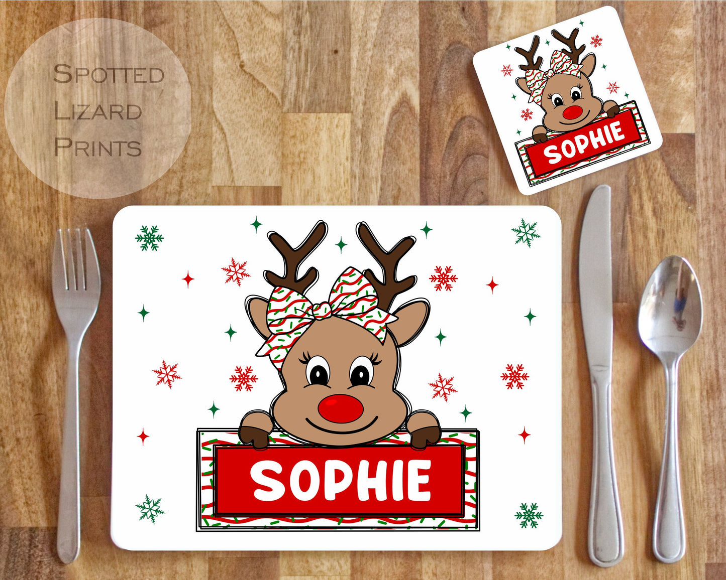 Personalised Christmas Placemat. Rudolph. Personalised with a name.