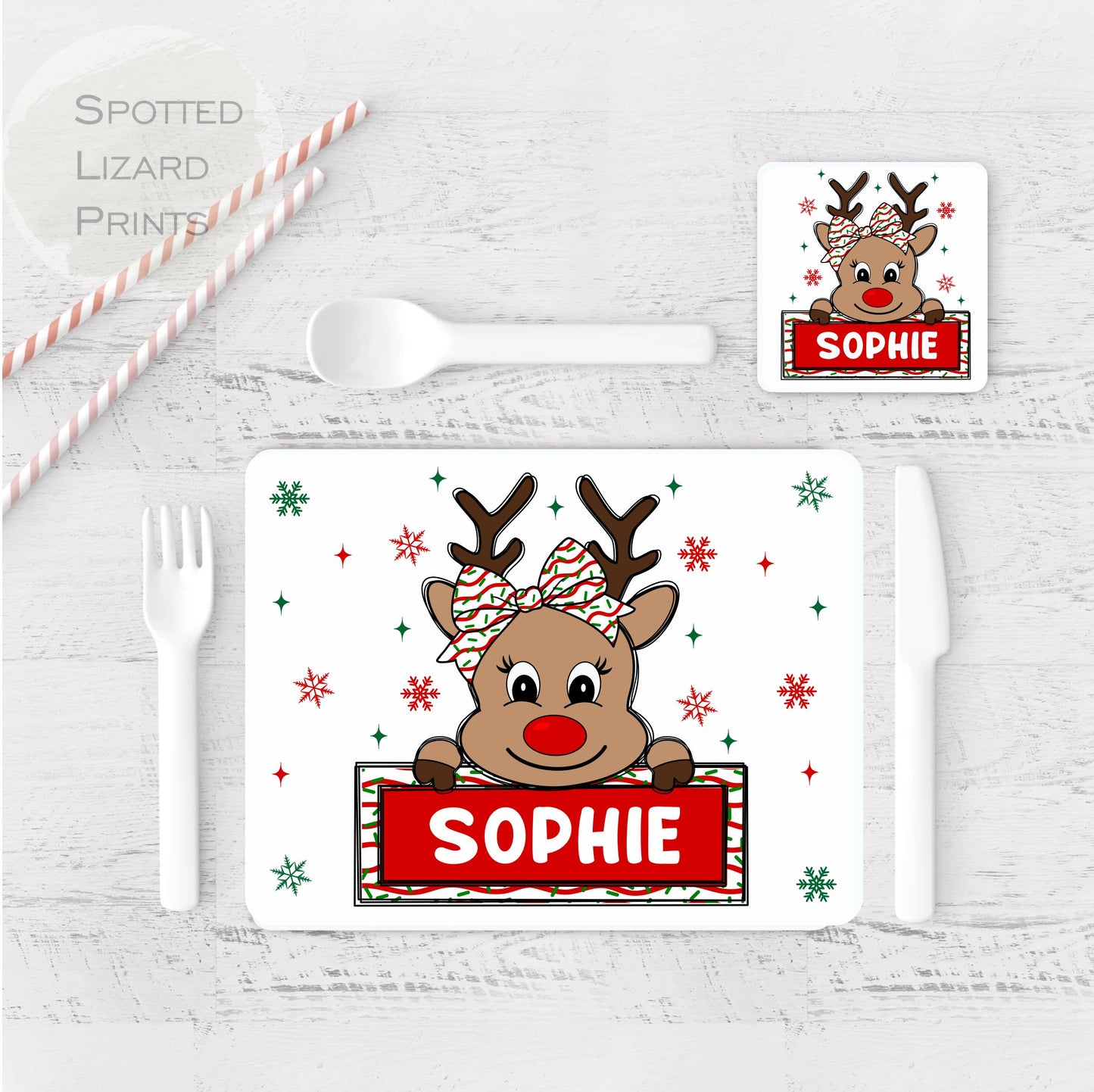 Personalised Christmas Placemat. Rudolph. Personalised with a name.