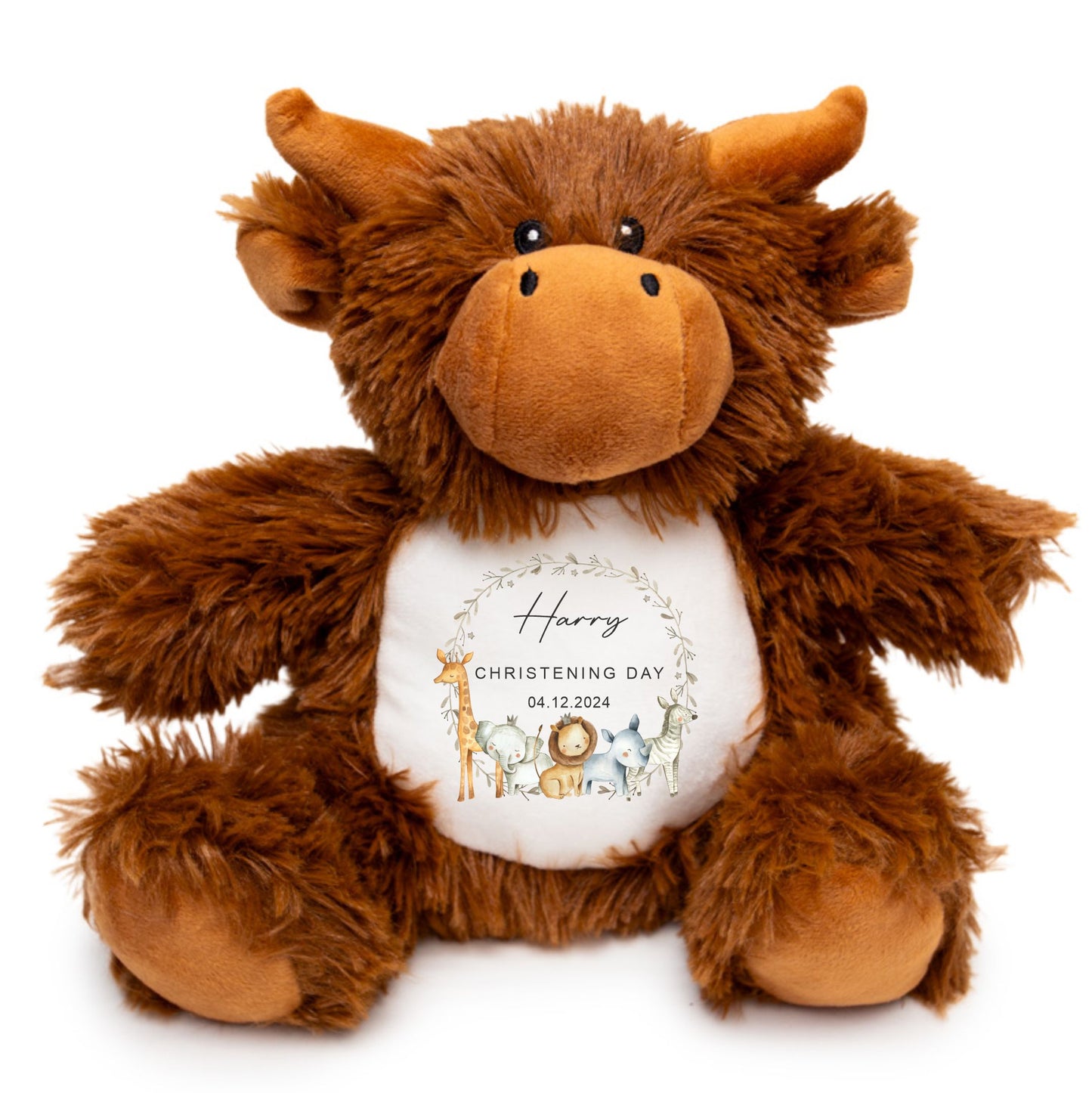 Christening Teddy. Highland Cow. Personalised with name. Soft Toy.