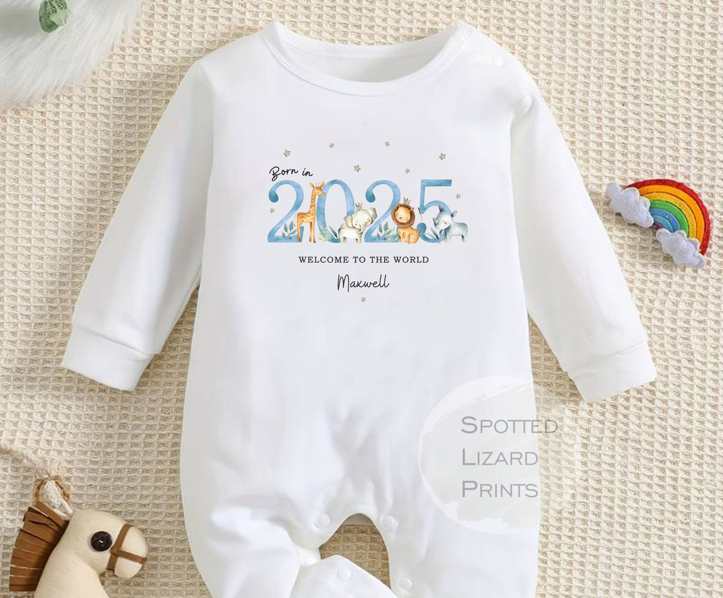 Born in 2025 Personalised Baby Sleepsuit. Personalised Gift for new Baby