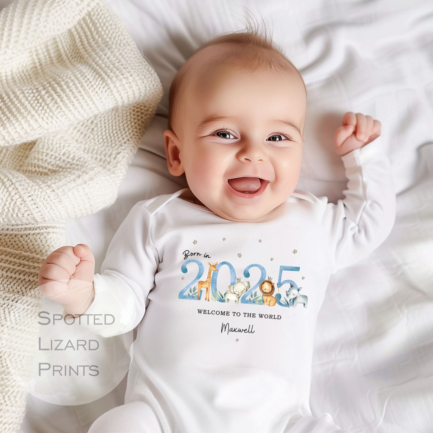 Born in 2025 Personalised Baby Sleepsuit. Personalised Gift for new Baby