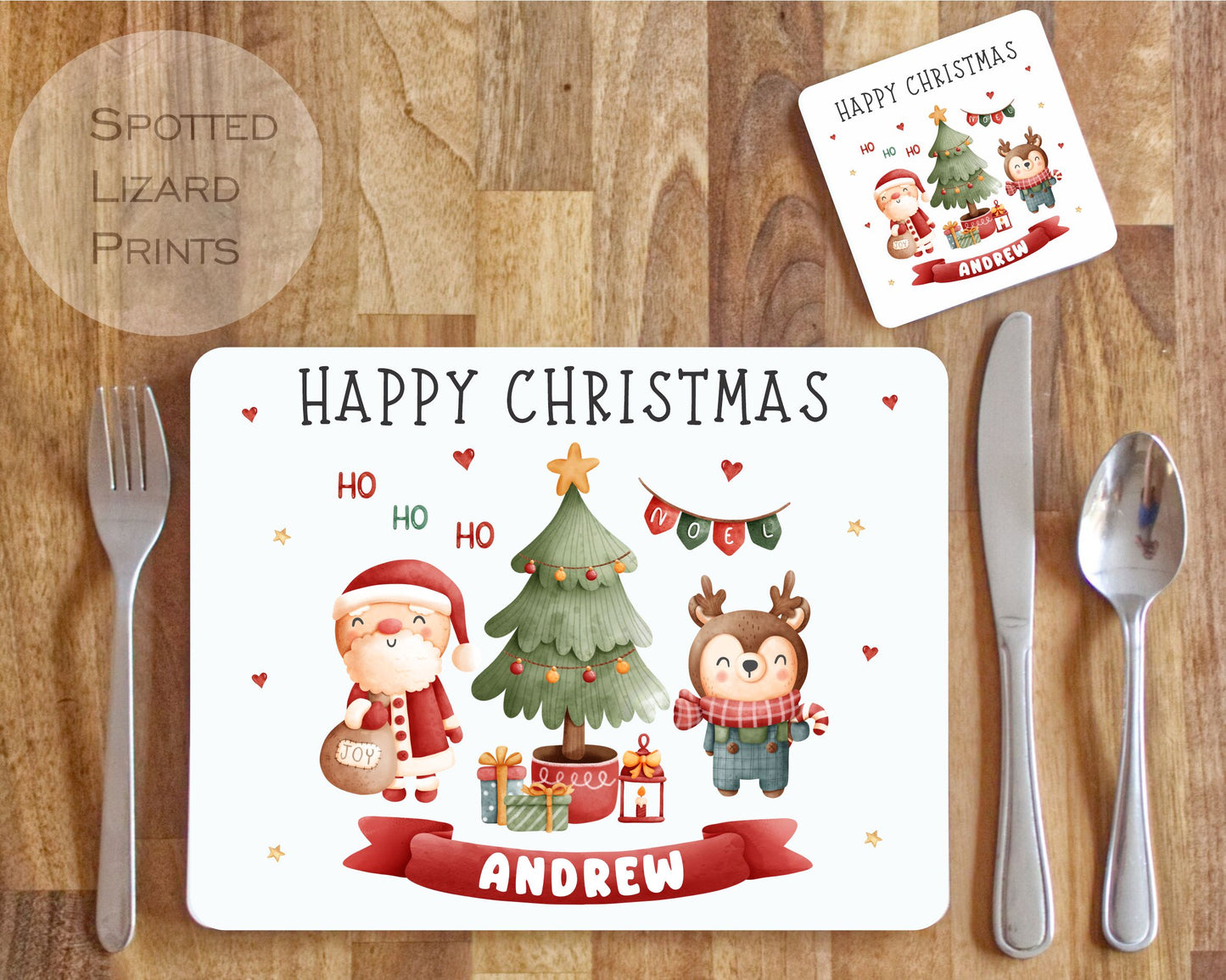 Personalised Christmas Placemat. Santa and Rudolph. Personalised with a name.