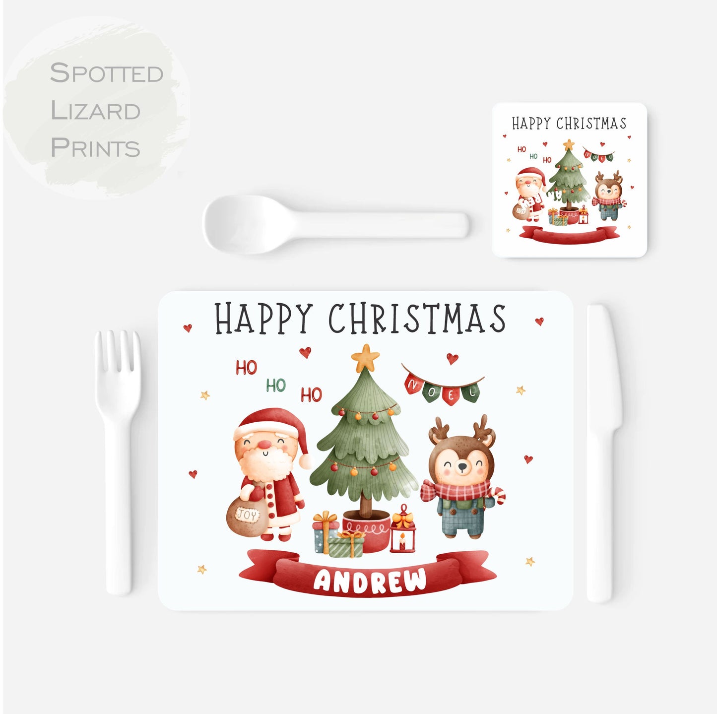 Personalised Christmas Placemat. Santa and Rudolph. Personalised with a name.