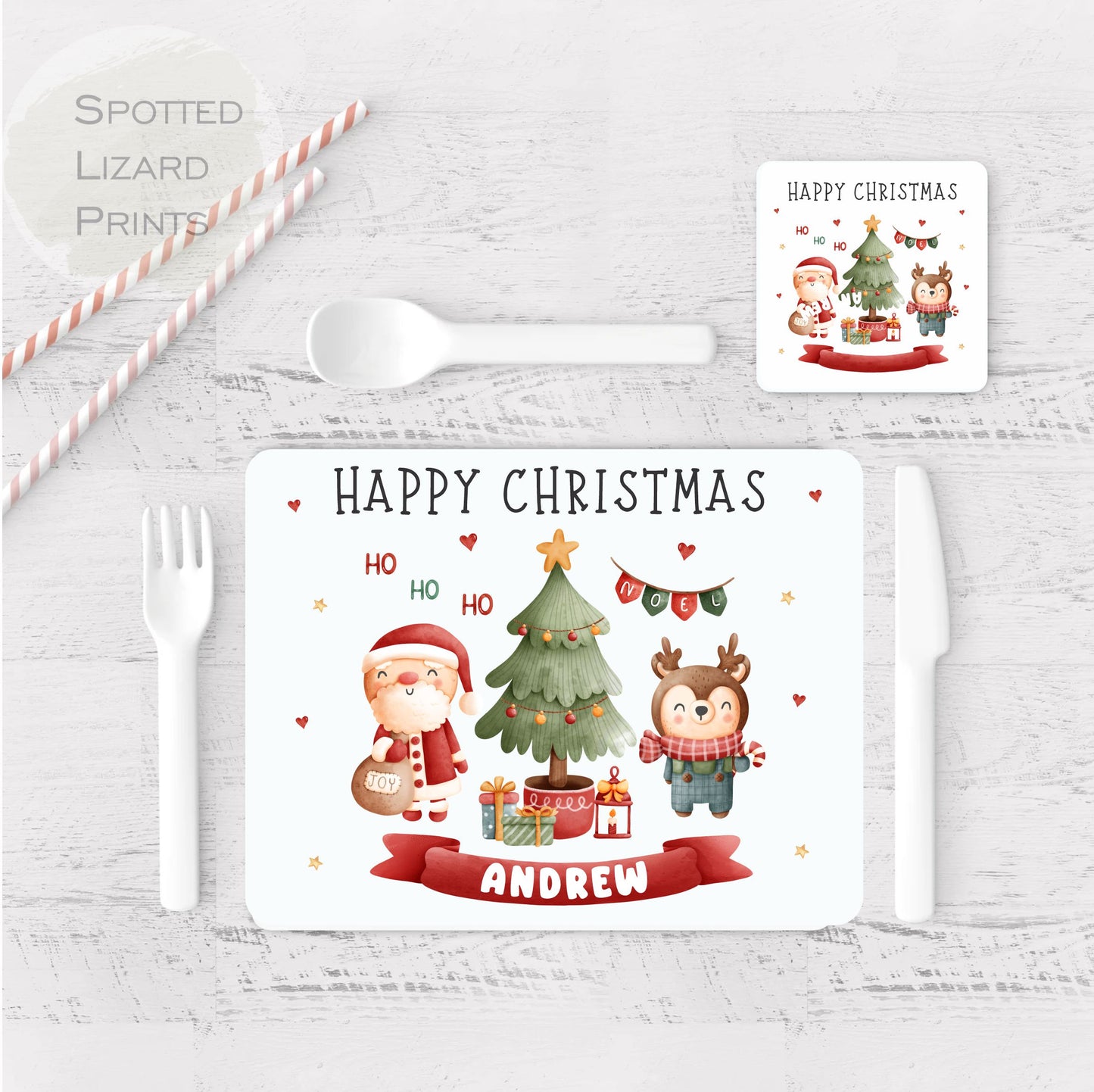 Personalised Christmas Placemat. Santa and Rudolph. Personalised with a name.