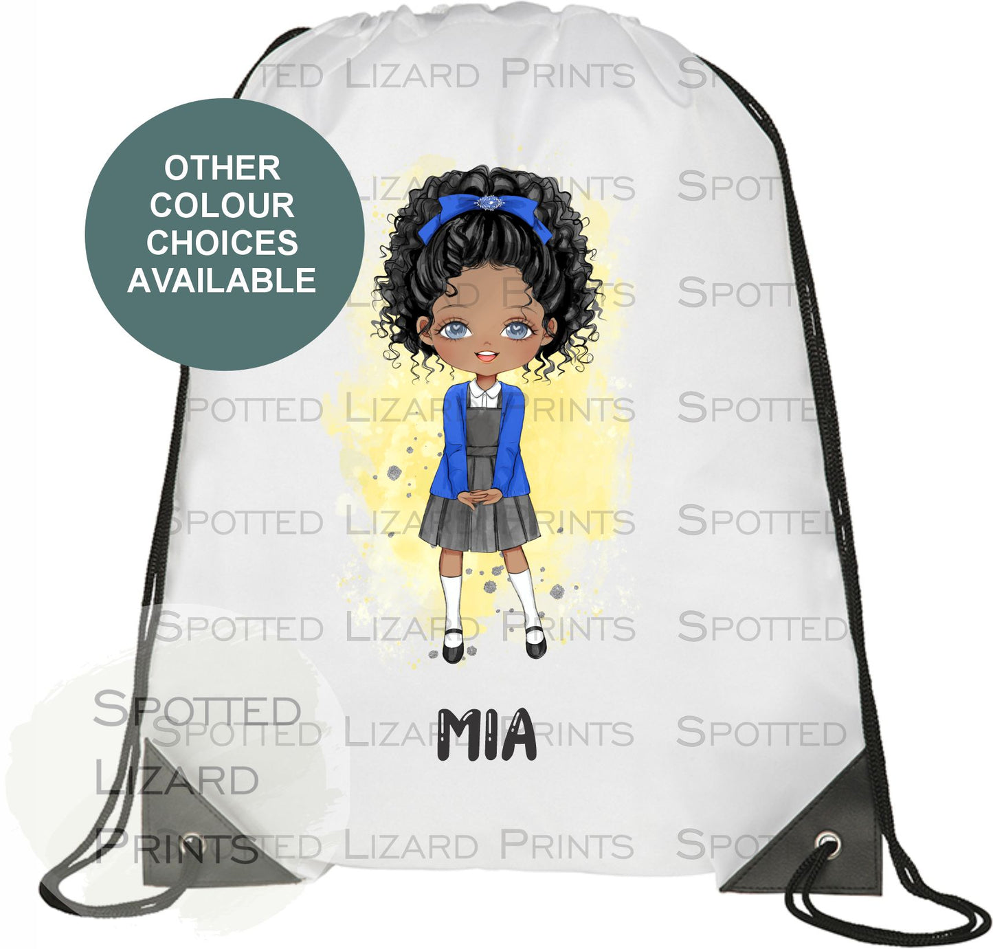 White drawstring Bag. Personalised with a name. Personalised own image for back to school