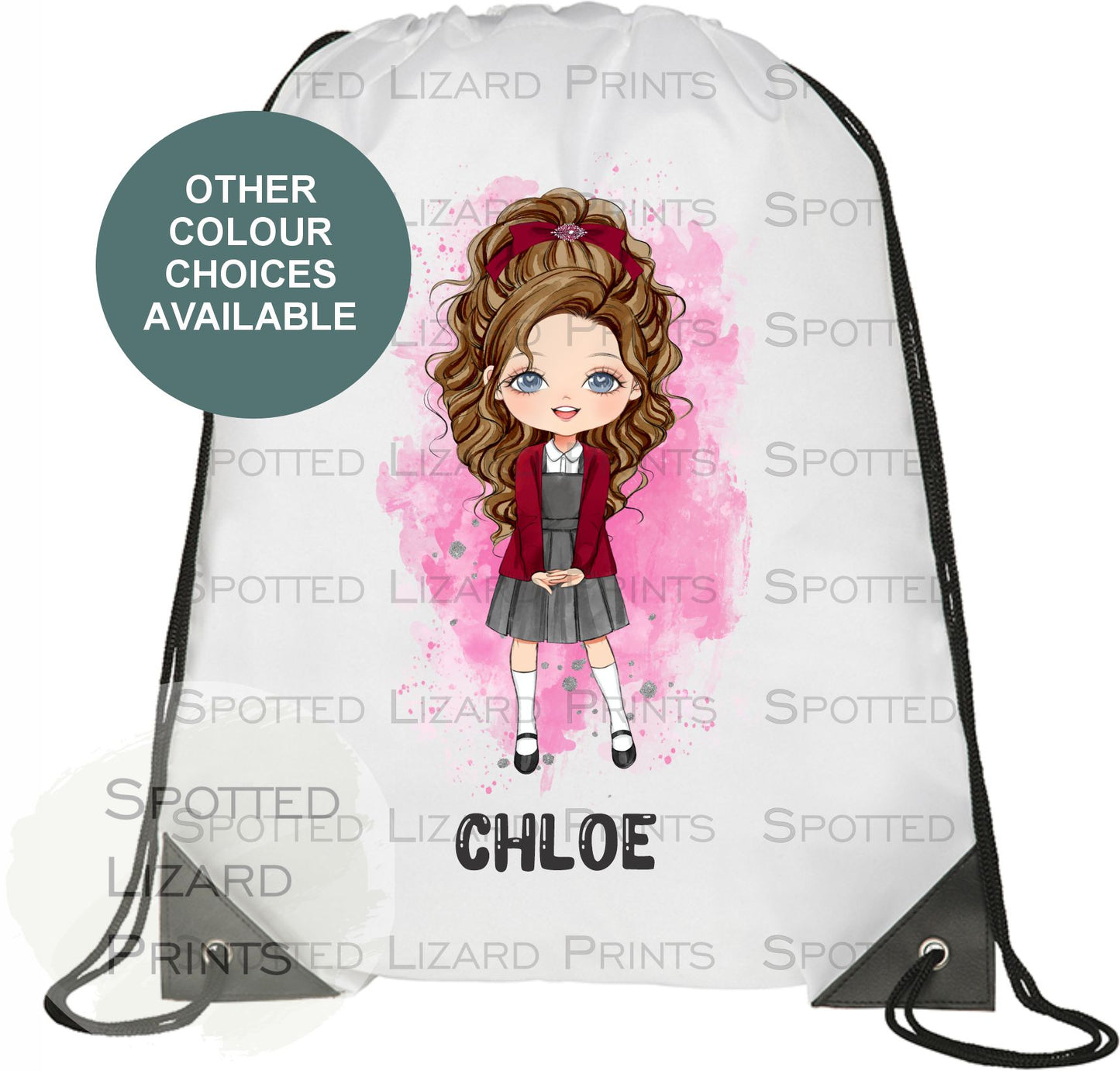 White drawstring Bag. Personalised with a name. Personalised own image for back to school