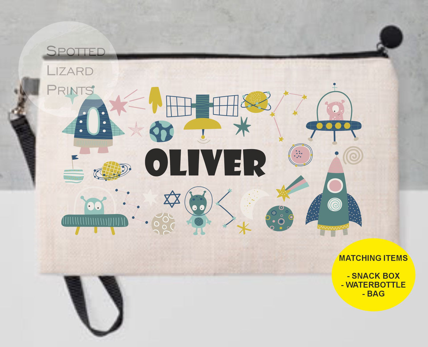 Pencil case. Space and aliens. Personalised with a name.
