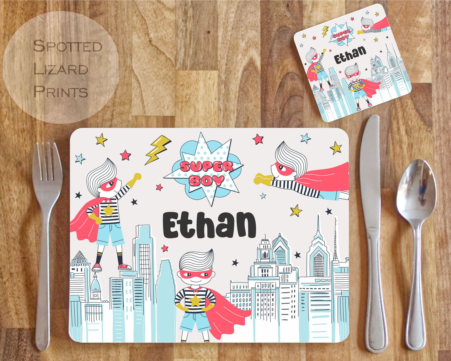Children's placemat. Personalised dinner set. Superhero theme. personalised with a name.