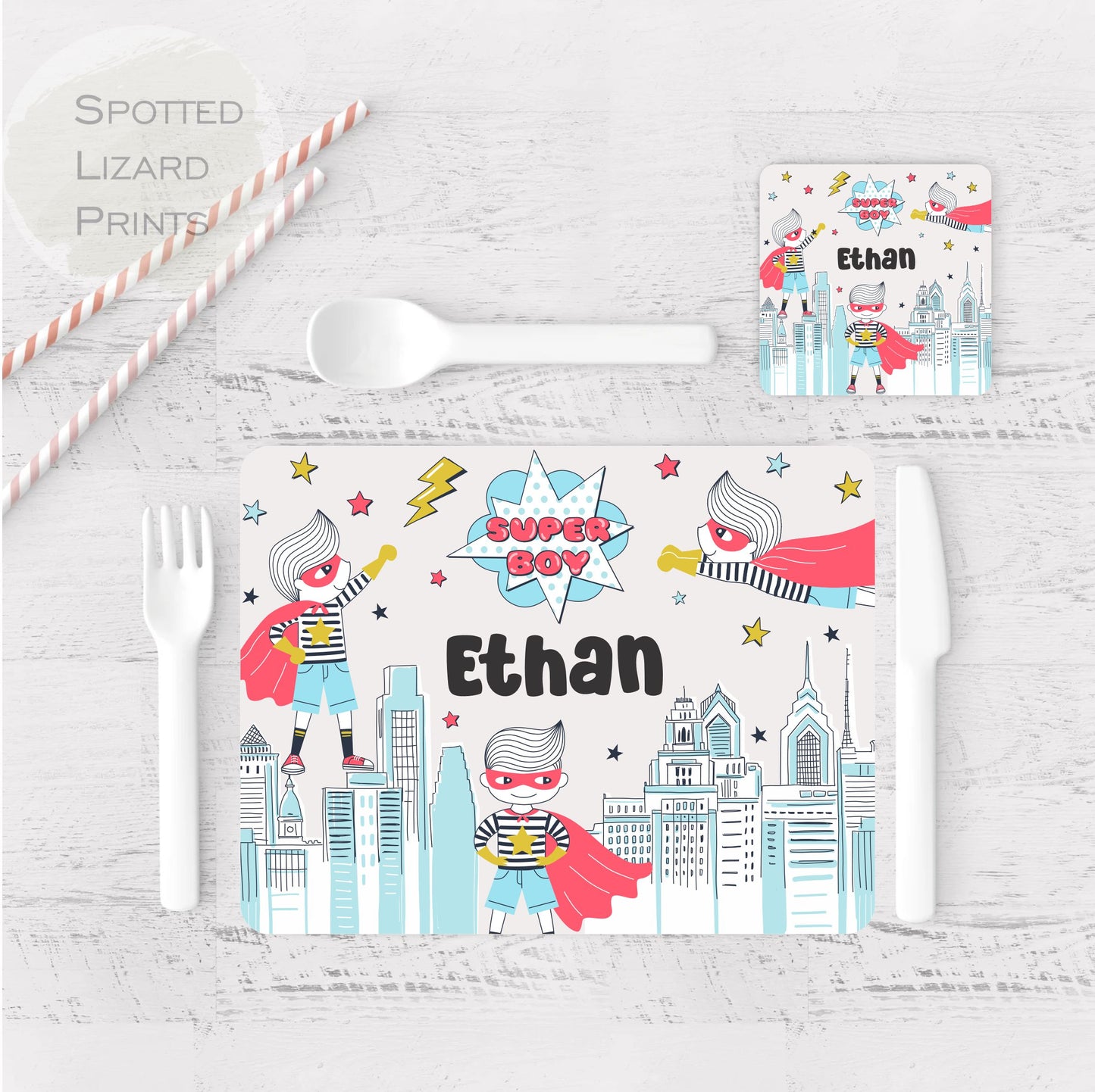 Children's placemat. Personalised dinner set. Superhero theme. personalised with a name.