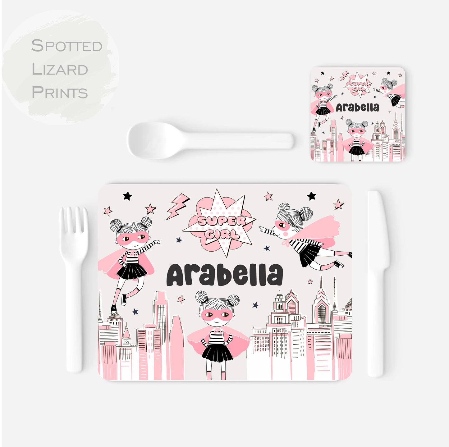 Children's placemat set. Personalised with a name. Superhero theme.