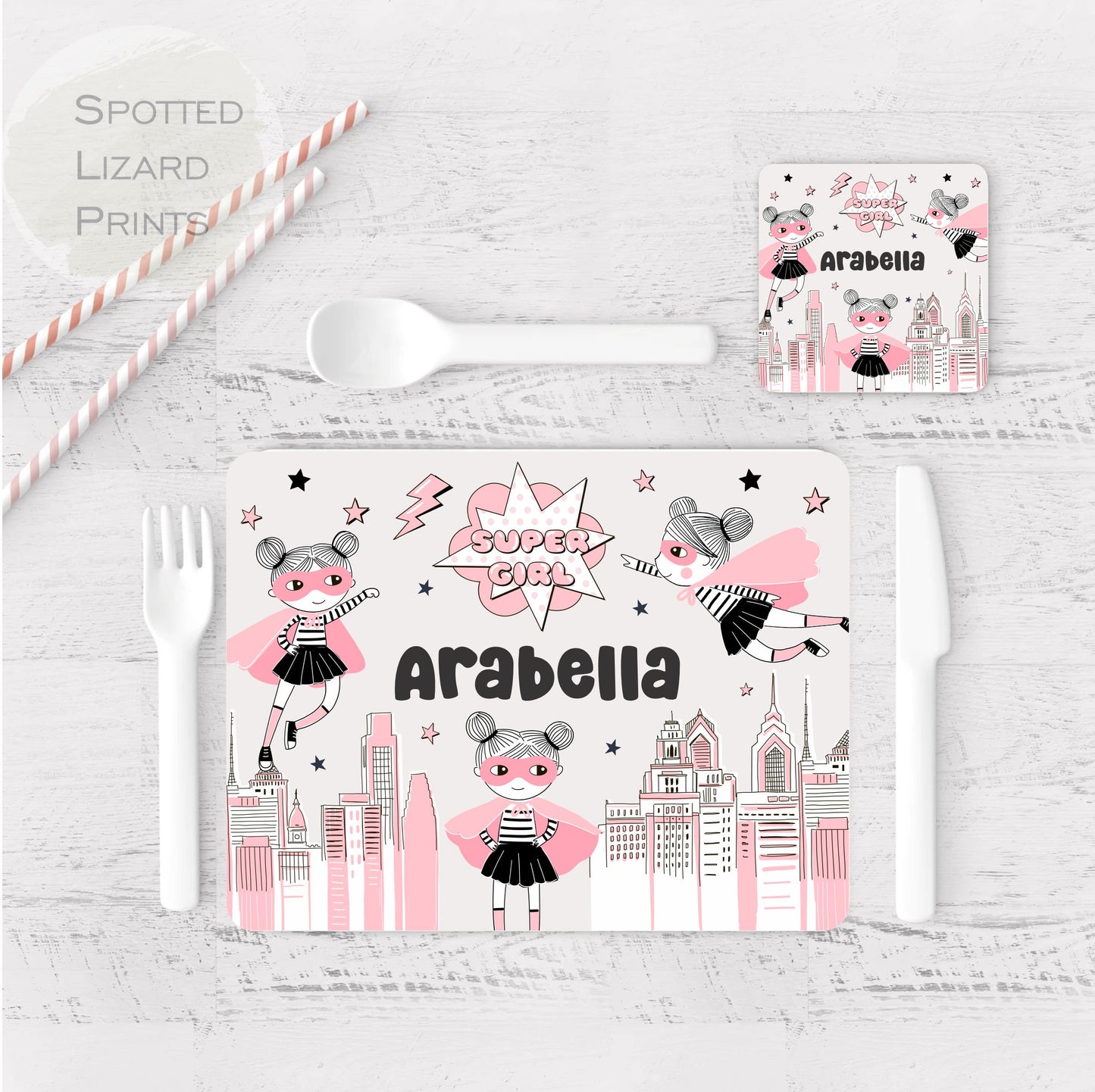 Children's placemat set. Personalised with a name. Superhero theme.