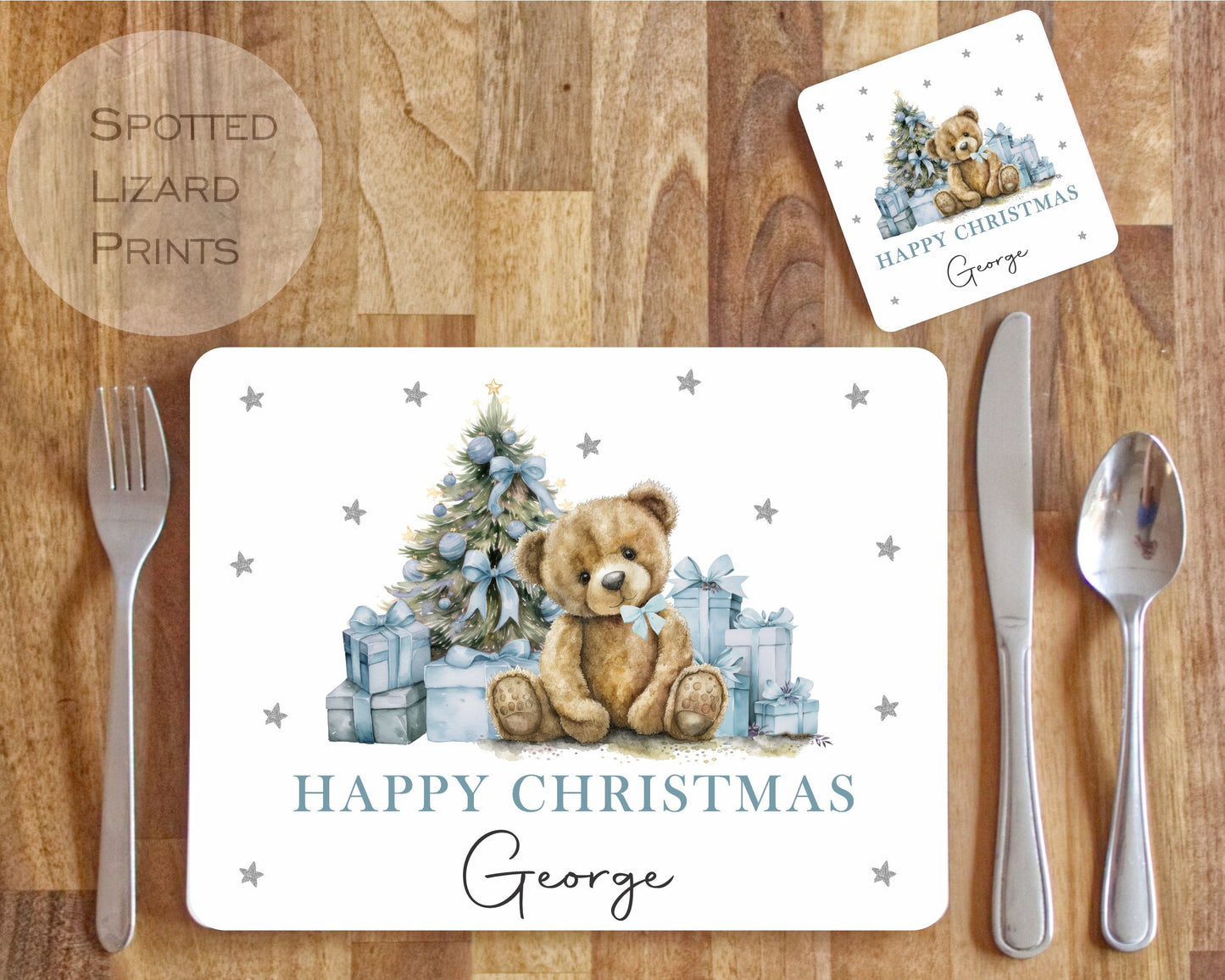 Christmas Teddy Bear themed children's placemats. Personalised Children's dinner set.