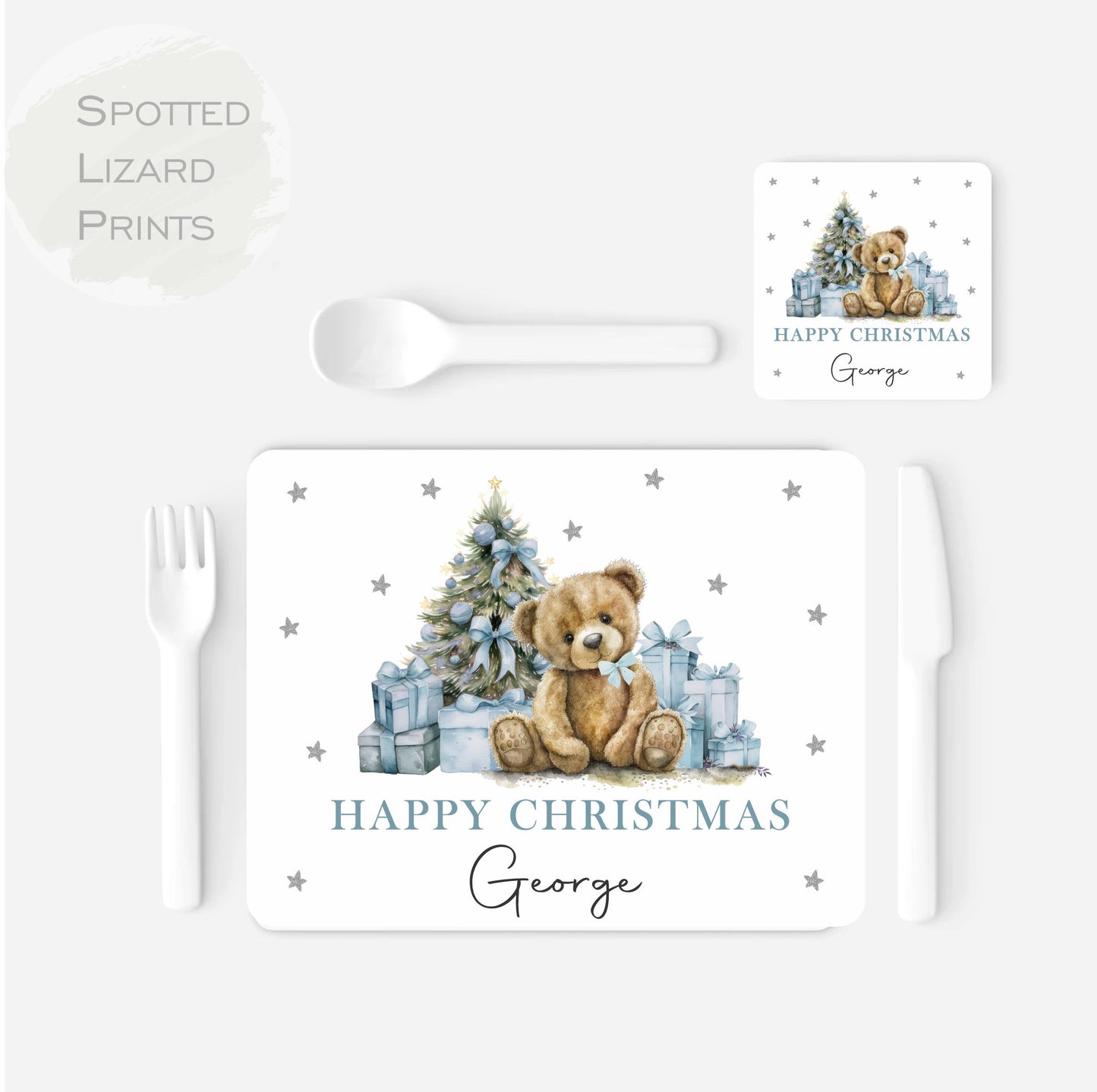 Christmas Teddy Bear themed children's placemats. Personalised Children's dinner set.