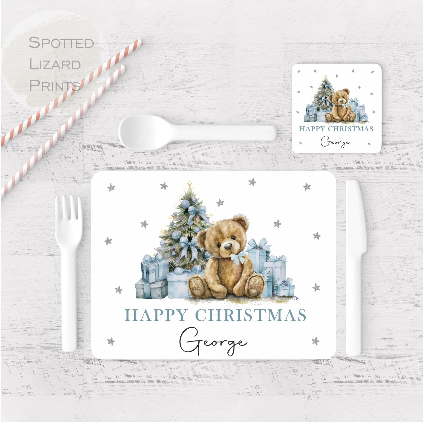 Christmas Teddy Bear themed children's placemats. Personalised Children's dinner set.