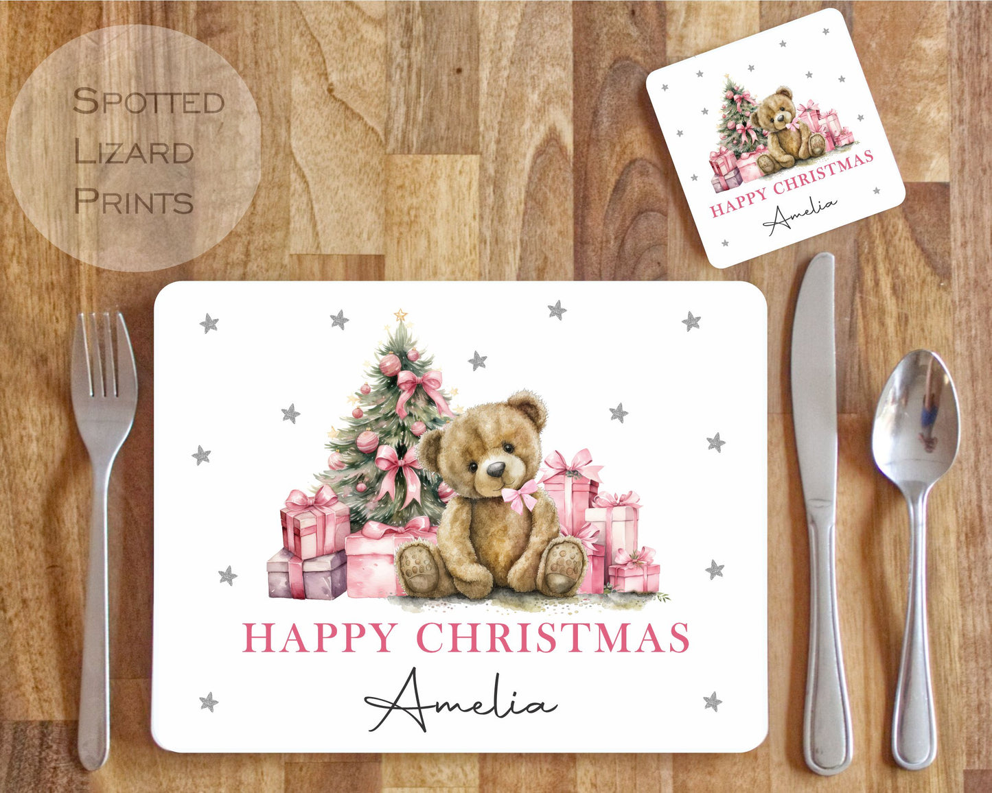 Christmas Teddy Bear themed children's placemats. Personalised Children's dinner set.