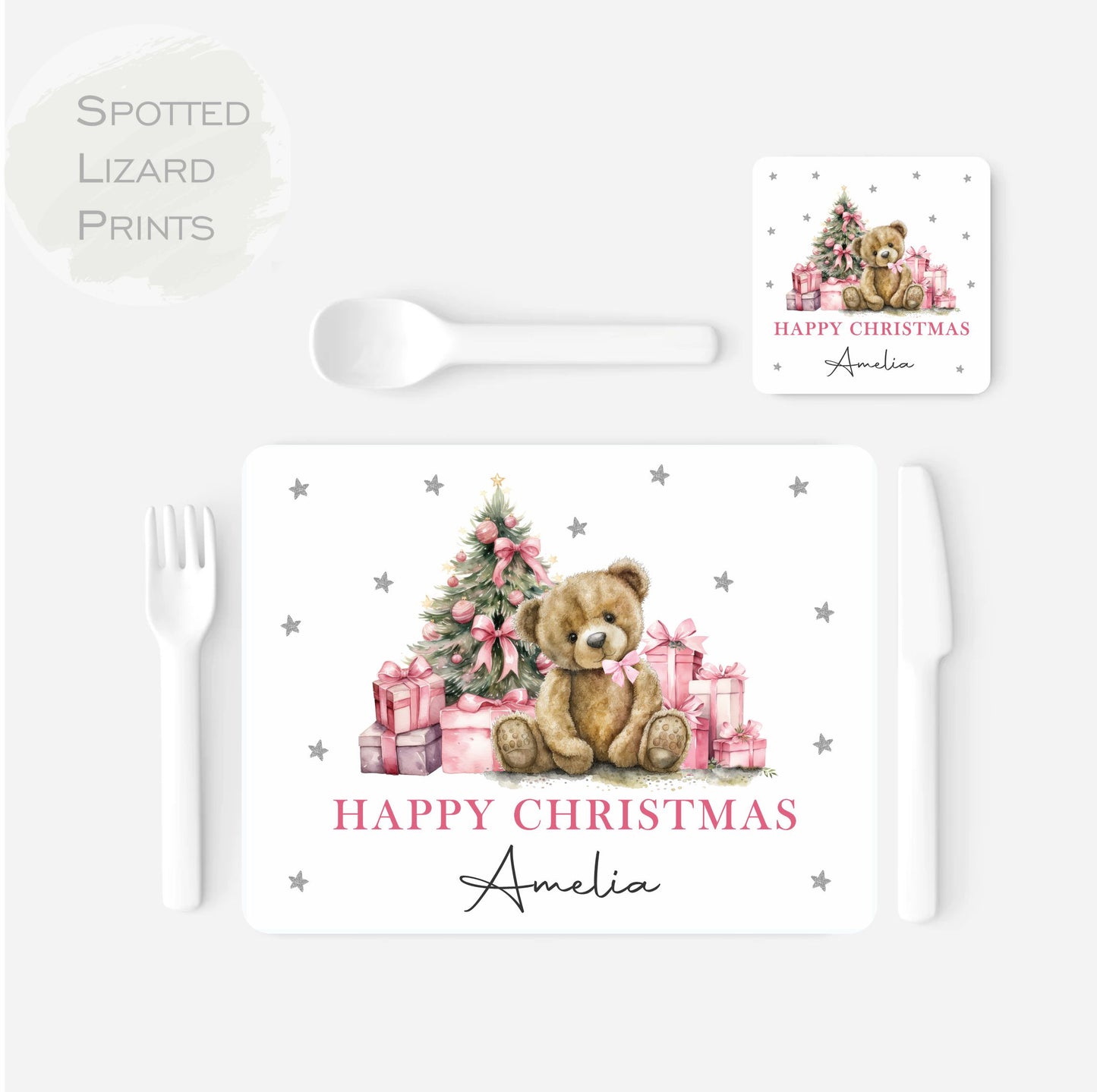 Christmas Teddy Bear themed children's placemats. Personalised Children's dinner set.