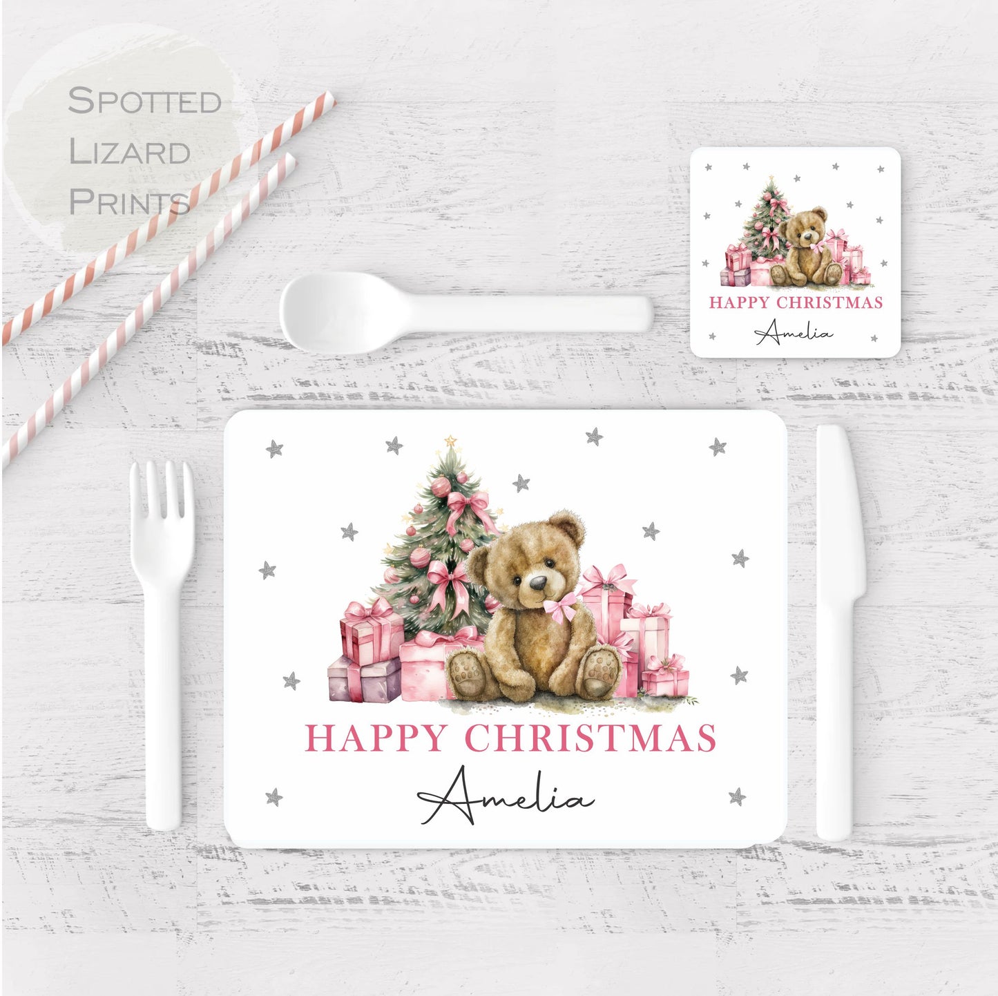 Christmas Teddy Bear themed children's placemats. Personalised Children's dinner set.