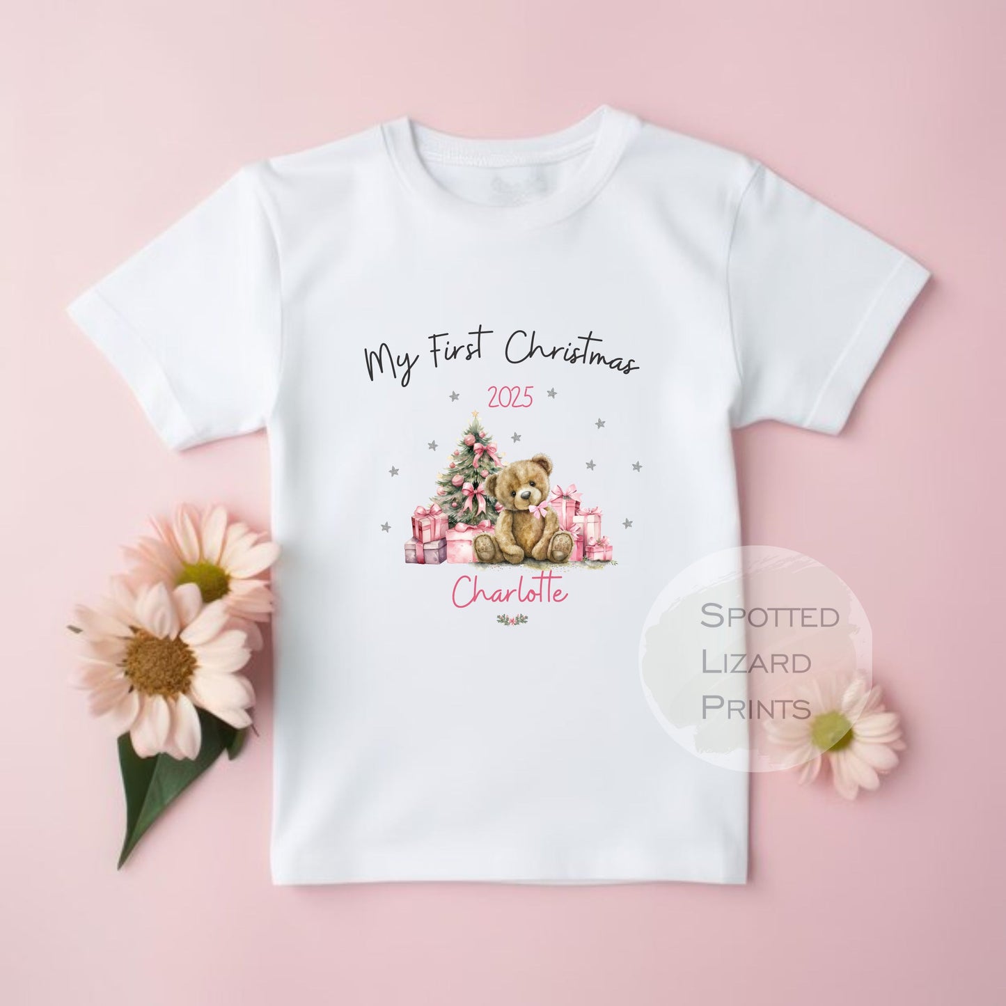 Personalised First Christmas Baby outfit- My First Christmas Sleepsuit or Vest - Teddy PINK