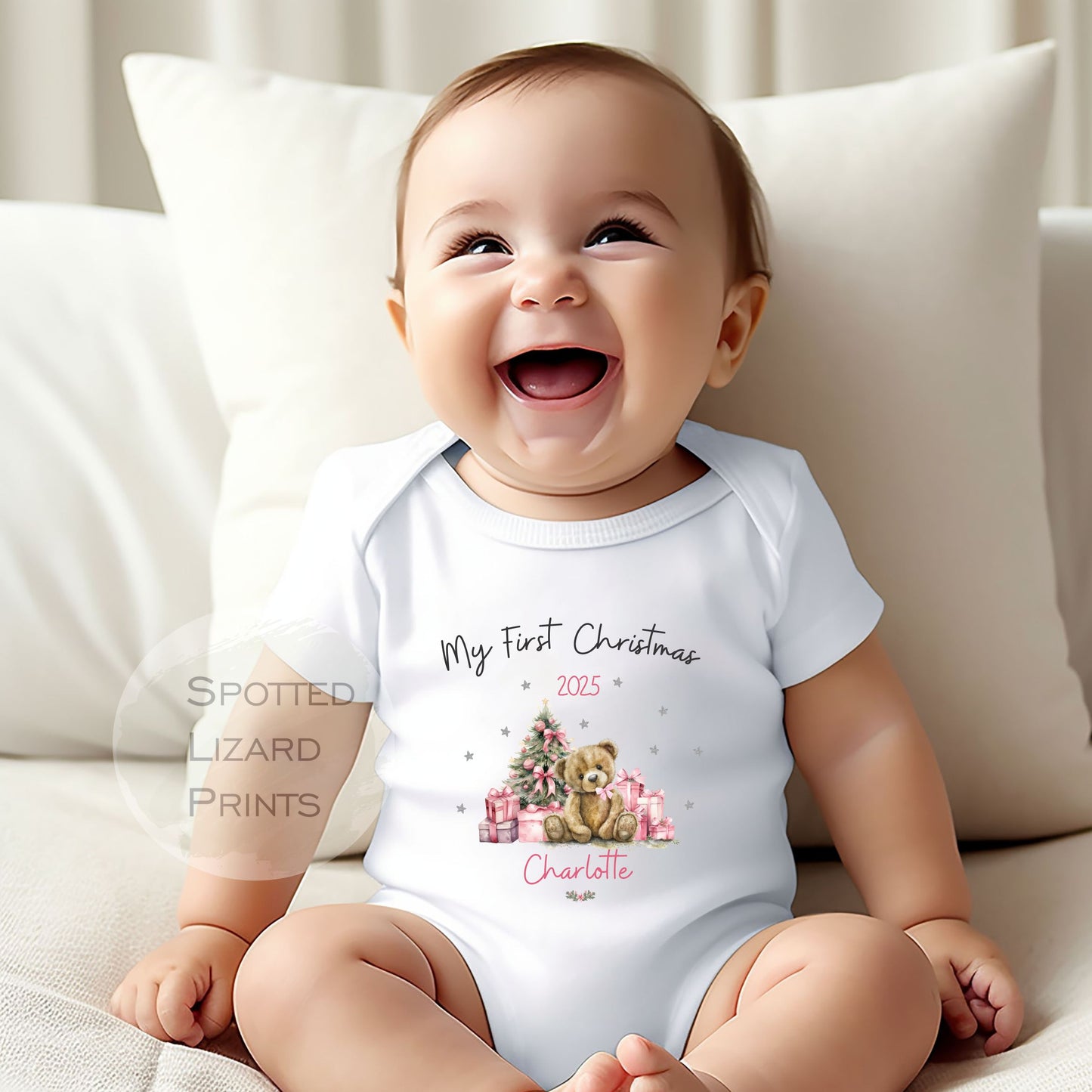 Personalised First Christmas Baby outfit- My First Christmas Sleepsuit or Vest - Teddy PINK